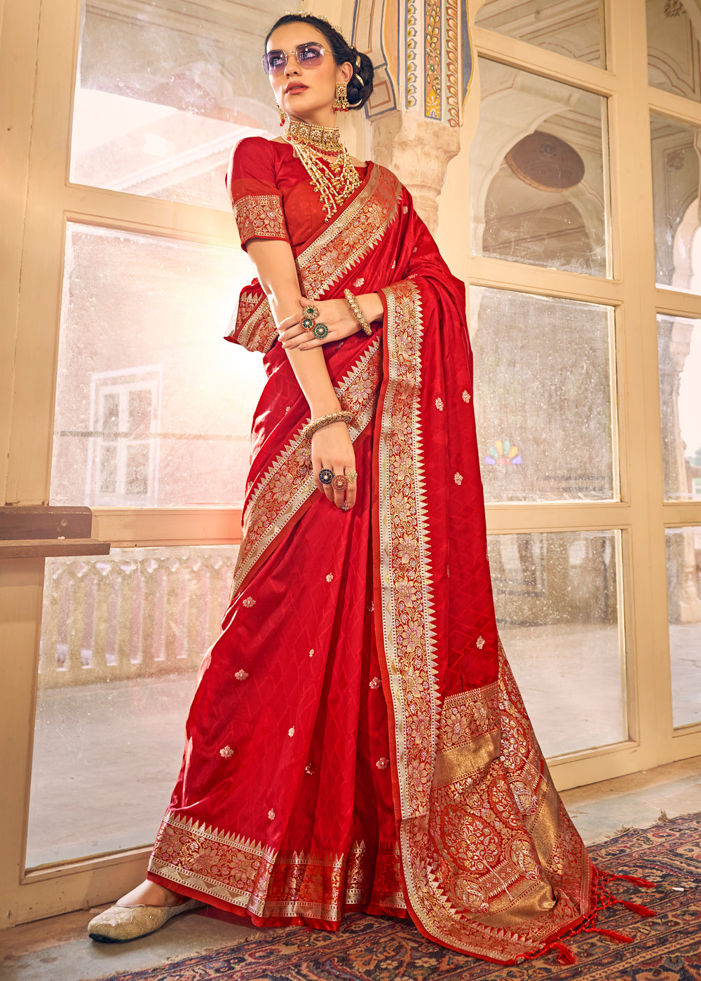 Buy MySilkLove Rusty Red Woven Banarasi Satin Silk Saree Online