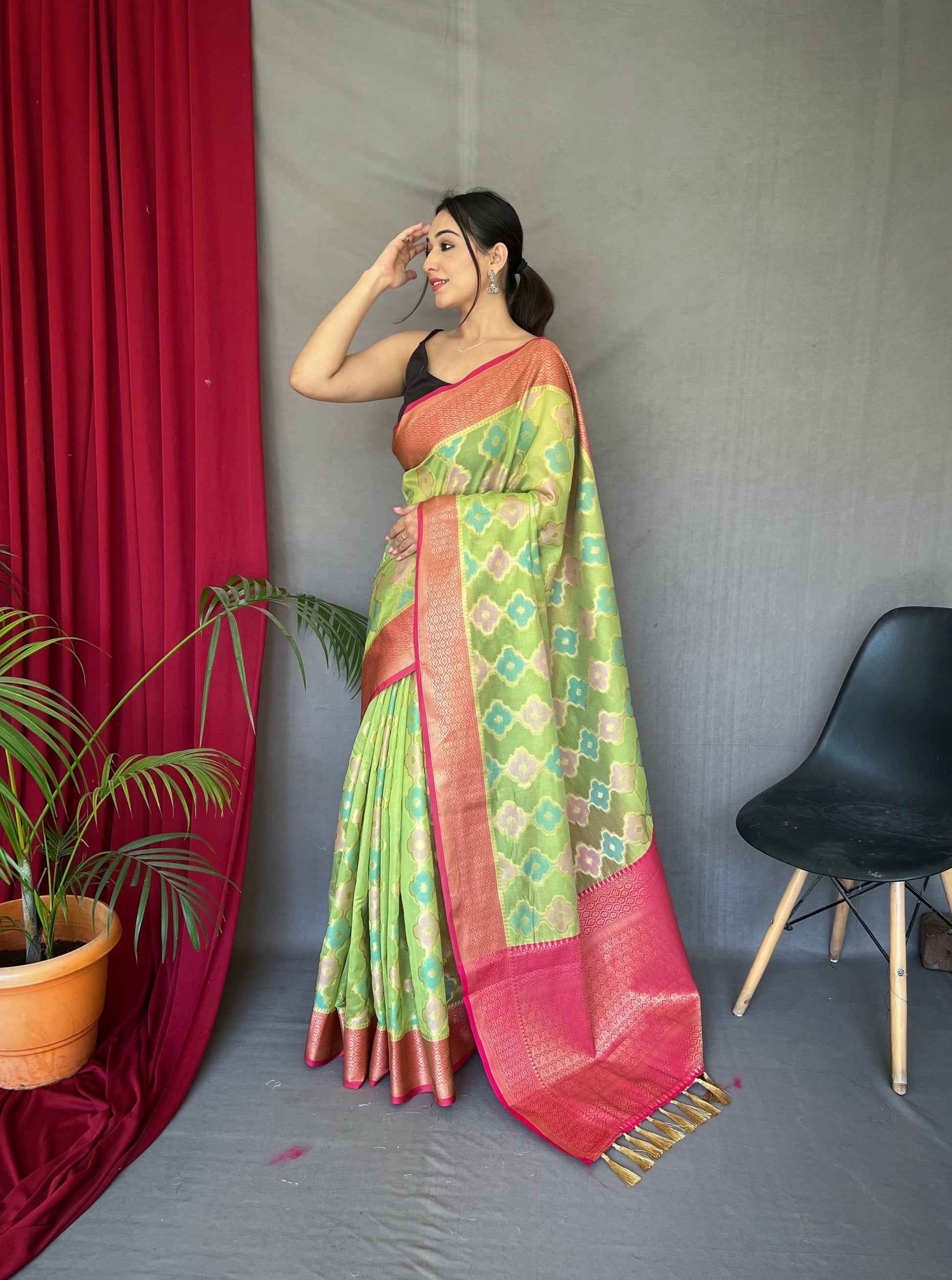 Buy MySilkLove Gimblet Green Woven Organza Silk Saree Online