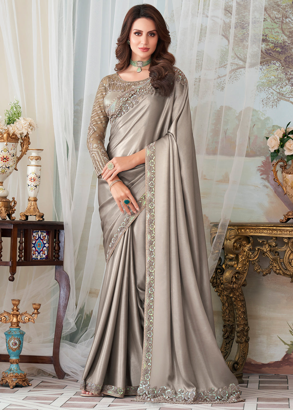 Buy MySilkLove Silver Grey Designer Embroidered Satin Silk Saree Online