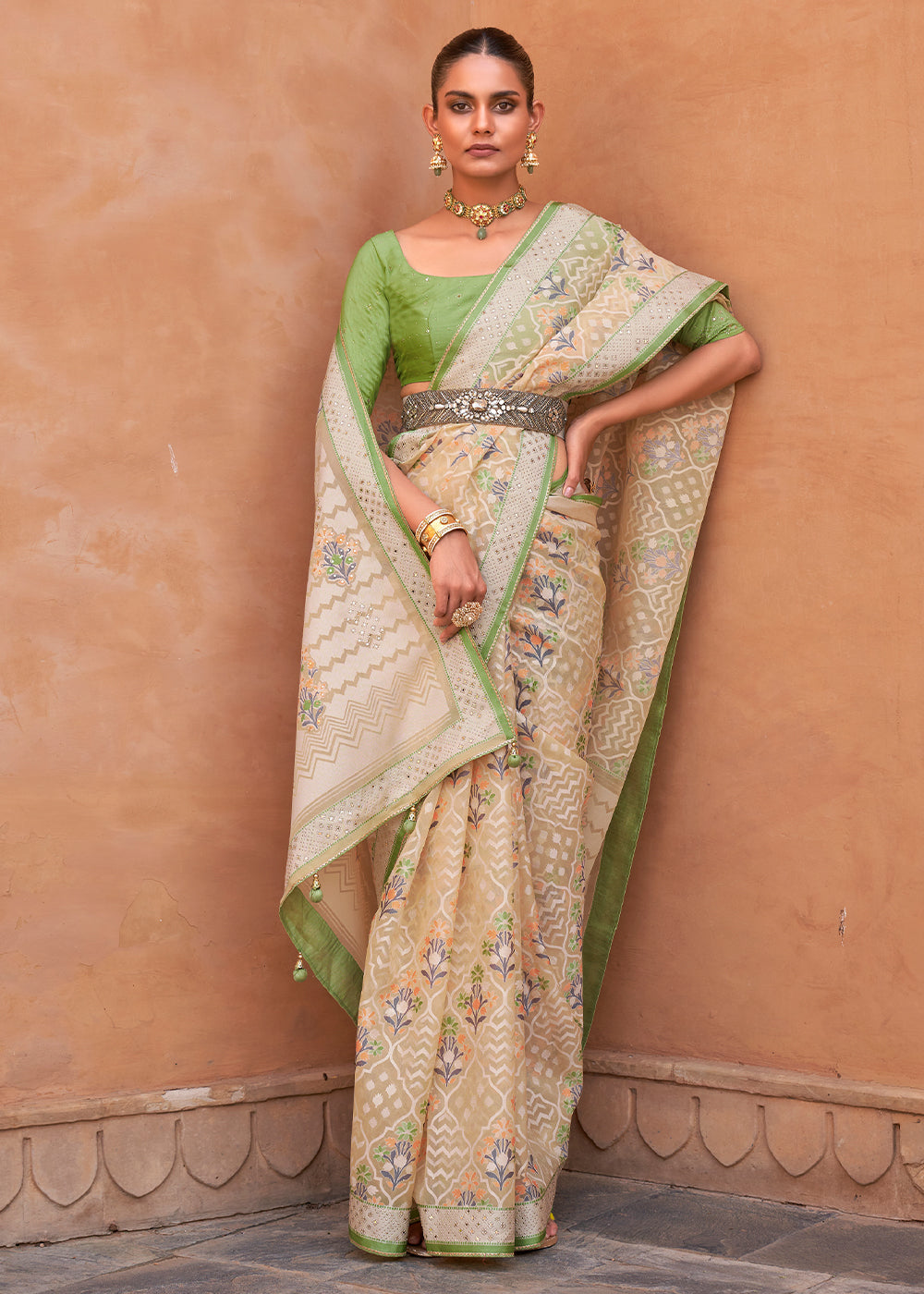 Buy MySilkLove Green and Brown Patola Printed Tissue Silk Saree Online