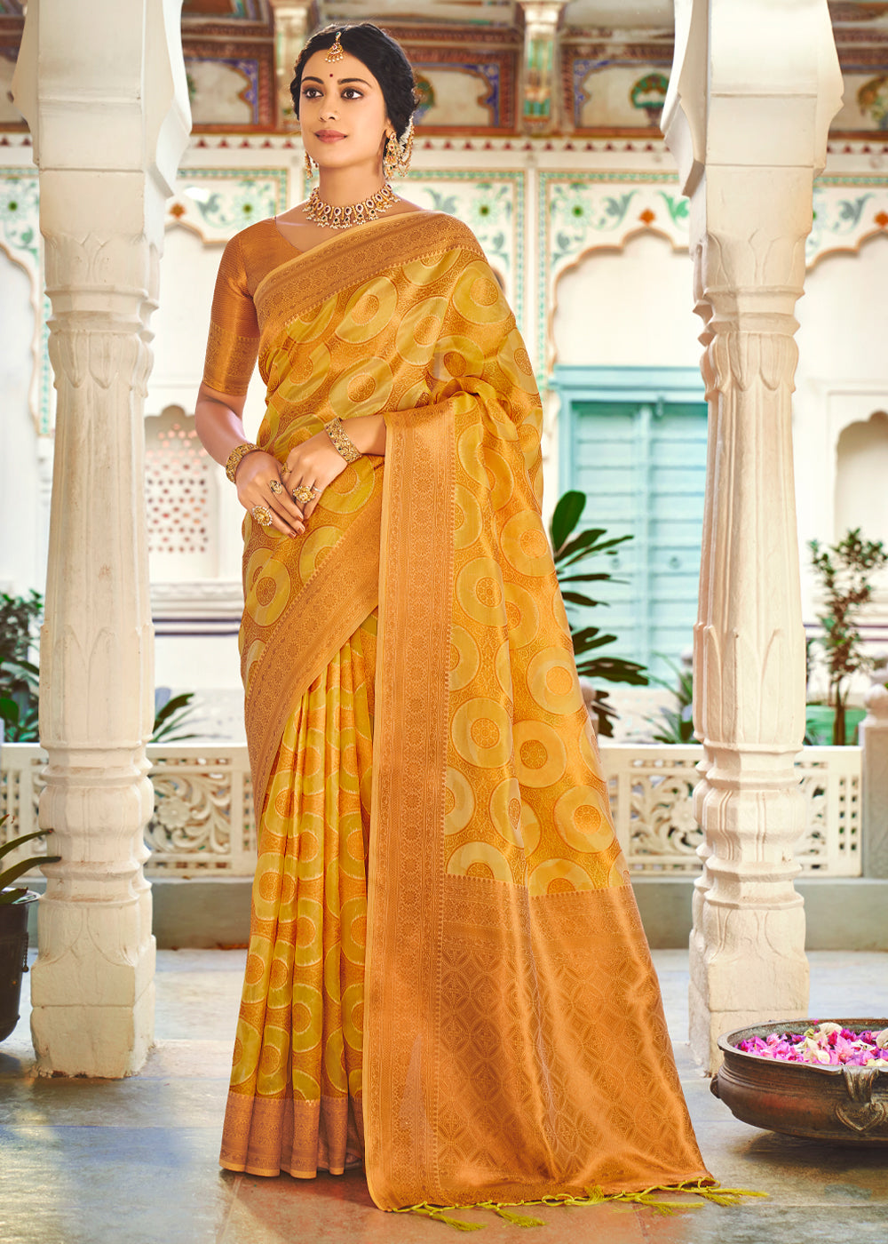 Buy MySilkLove Fuel Yellow Woven Banarasi Organza Silk Saree Online