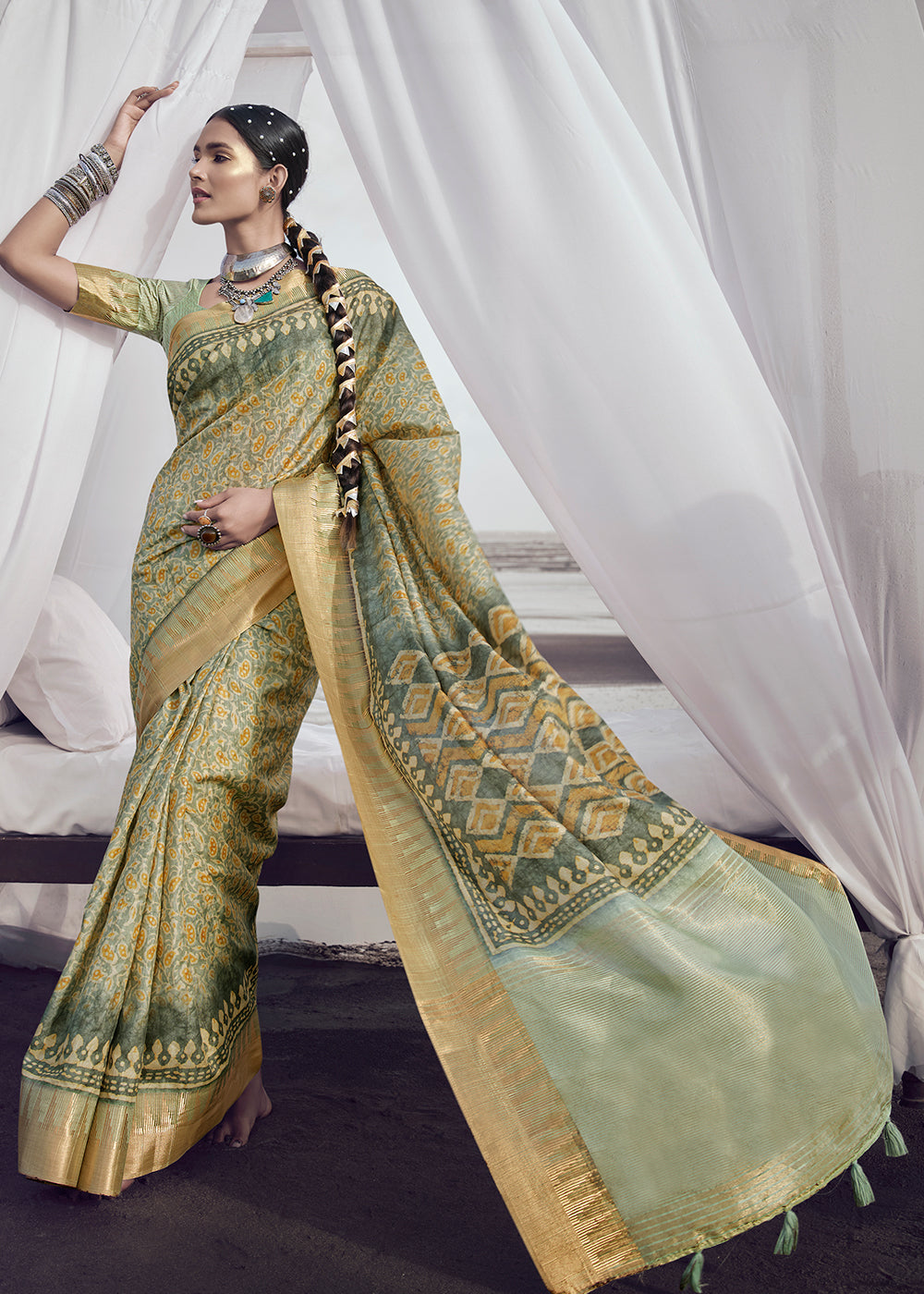 Buy MySilkLove Deco Green Printed Designer Silk Saree Online