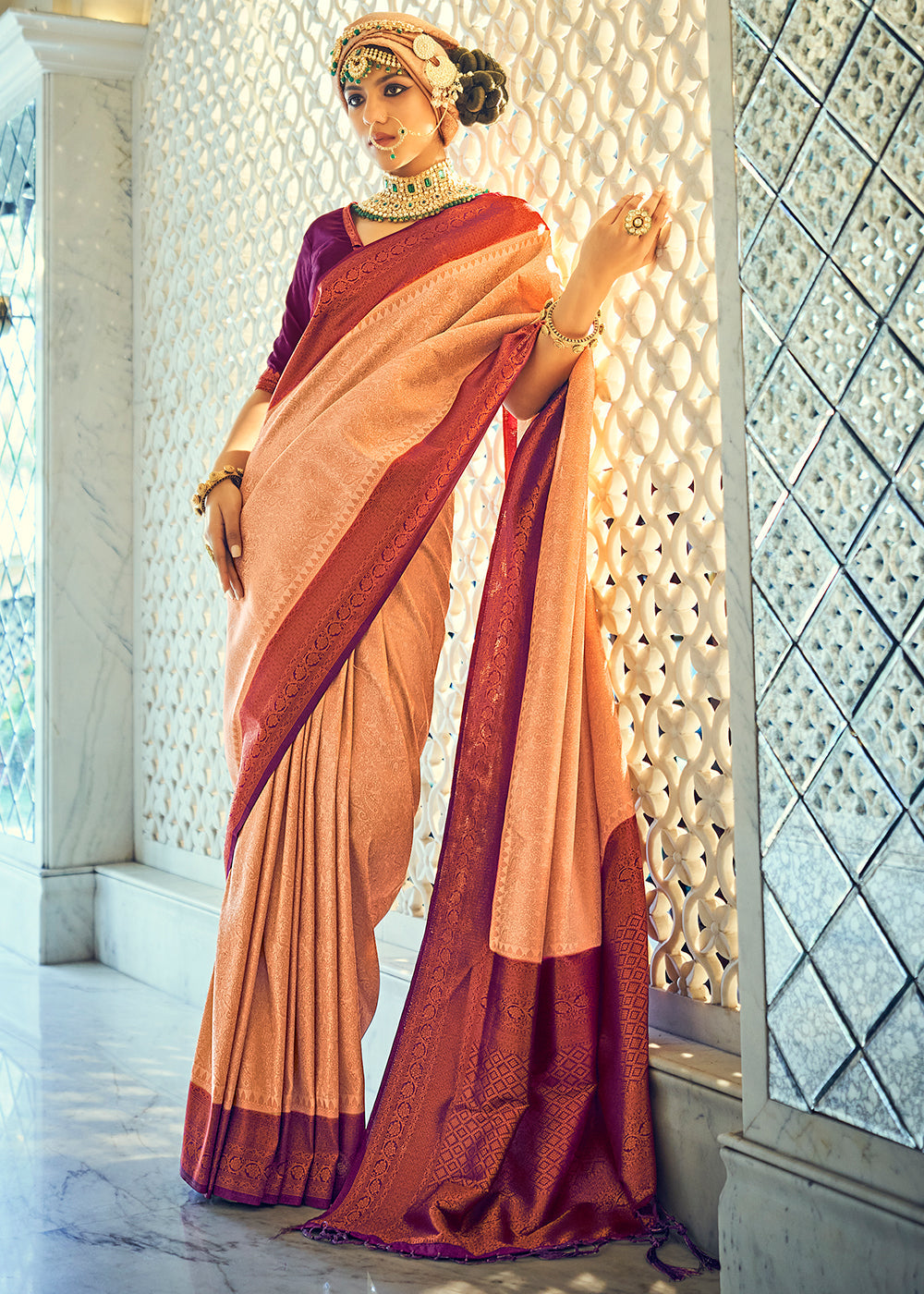 Buy MySilkLove Tan Peach Woven Kanjivaram Silk Saree Online