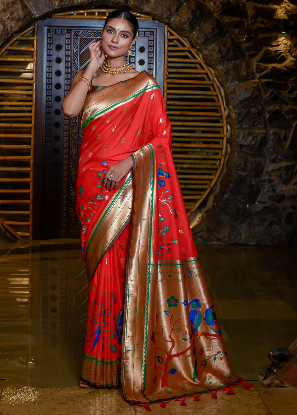 Buy MySilkLove Salmon Pearl Red Woven Paithani Silk Saree Online