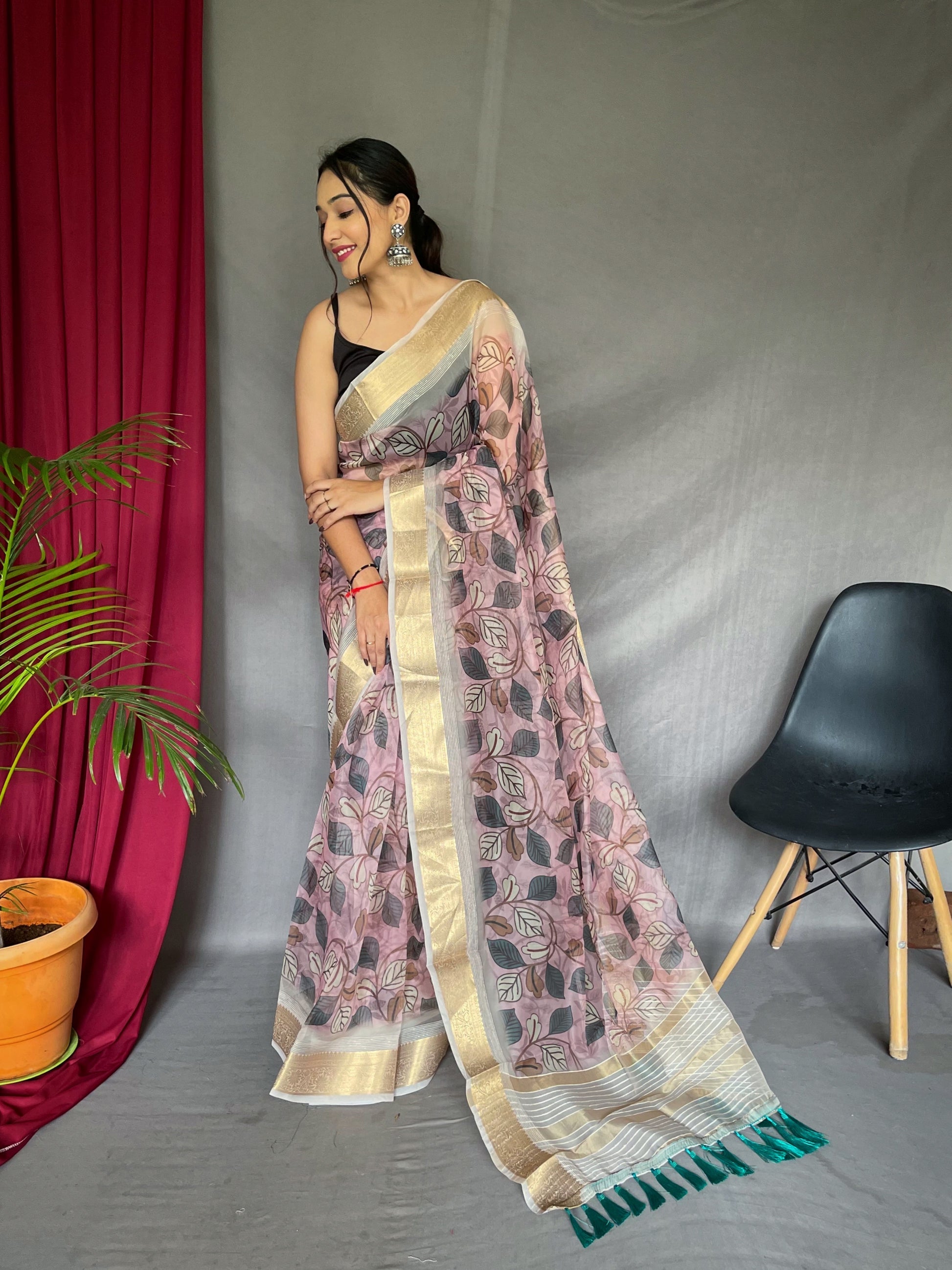 Buy MySilkLove Beauty Bush Pink Organza Floral Printed with Sequins Jacquard Woven Saree Online