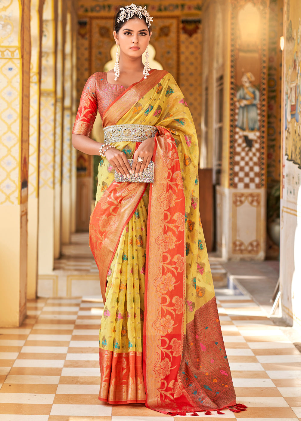 Buy MySilkLove Ronchi Yellow and Red Banarasi Tissue Woven Silk Saree Online