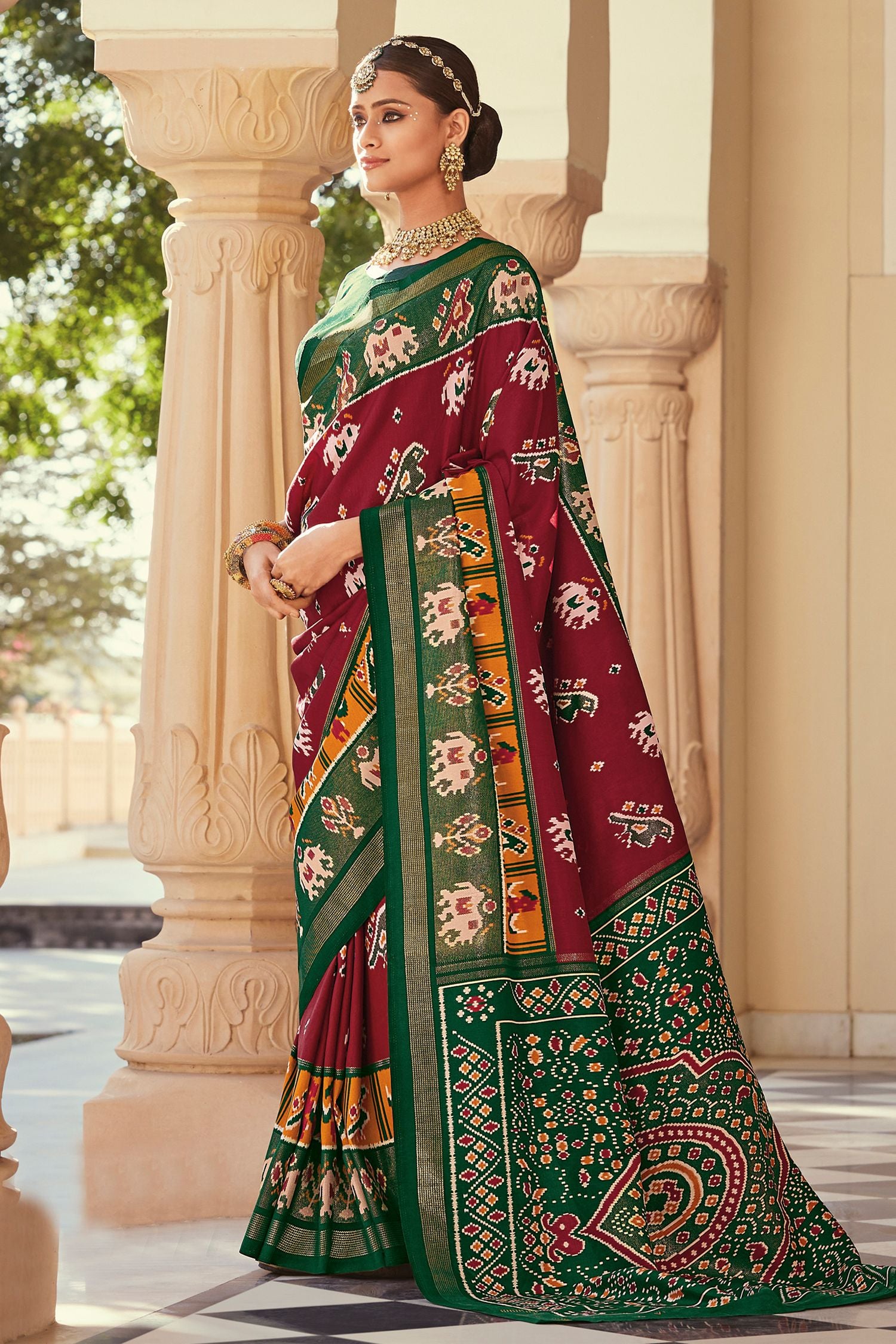 Buy MySilkLove Nutmeg Brown and Green Patola Printed Art Silk Saree Online