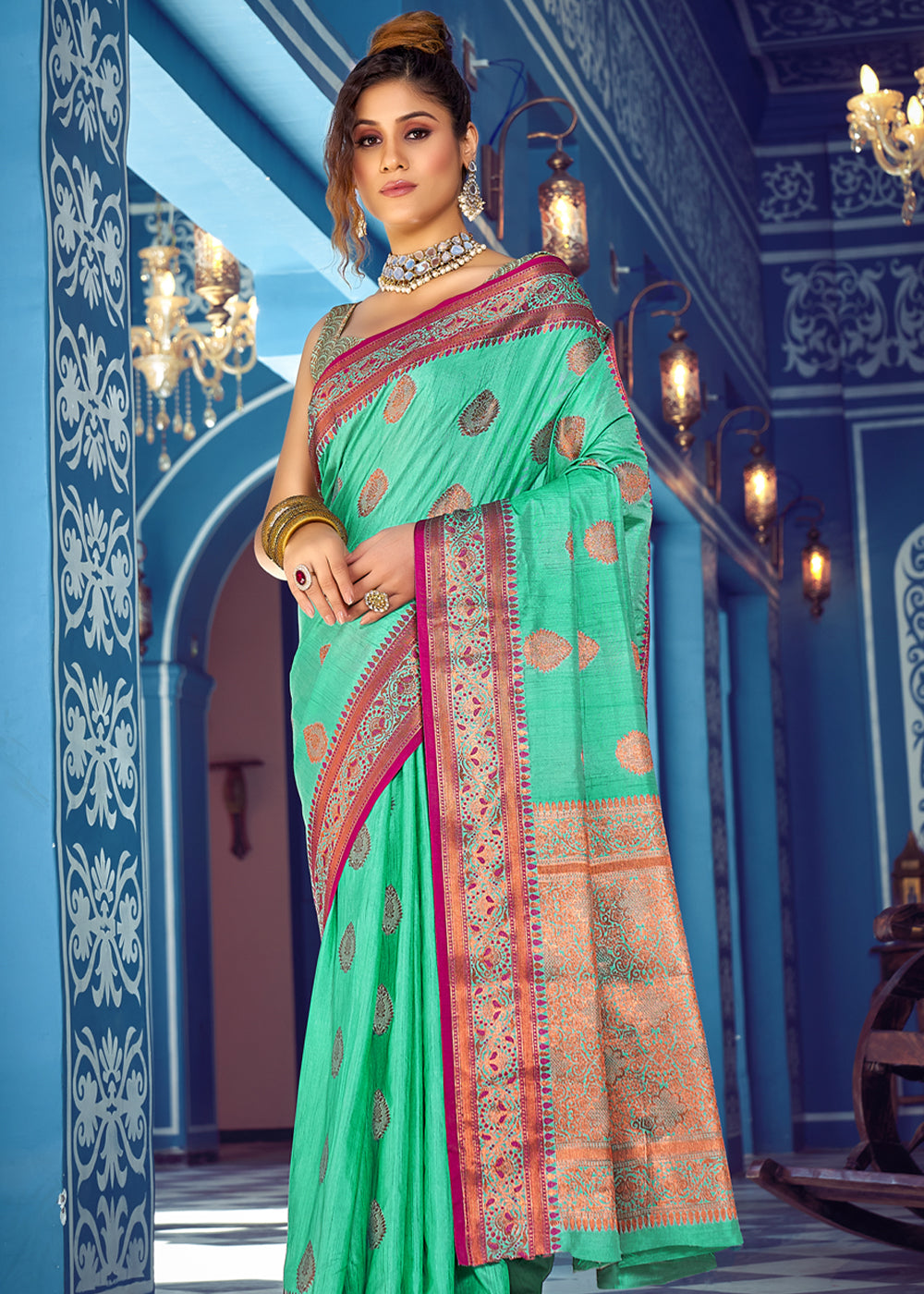 Buy MySilkLove Riptide Green Woven Banarasi Silk Saree Online