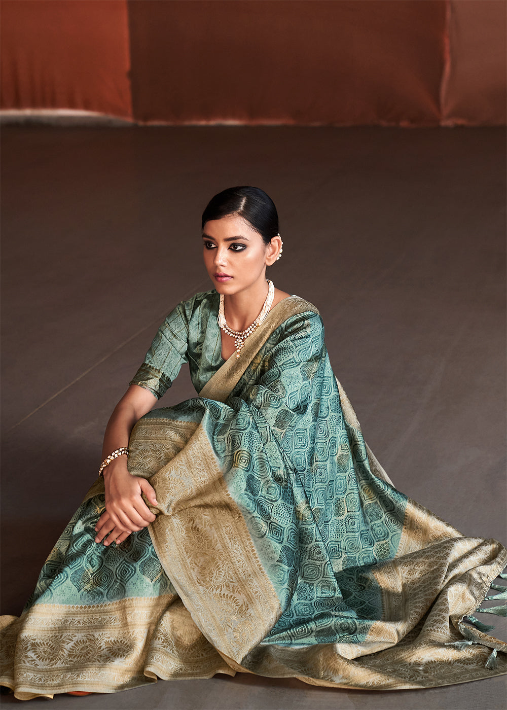 Buy MySilkLove Cascade Blue Banarasi Woven Printed Silk Saree Online