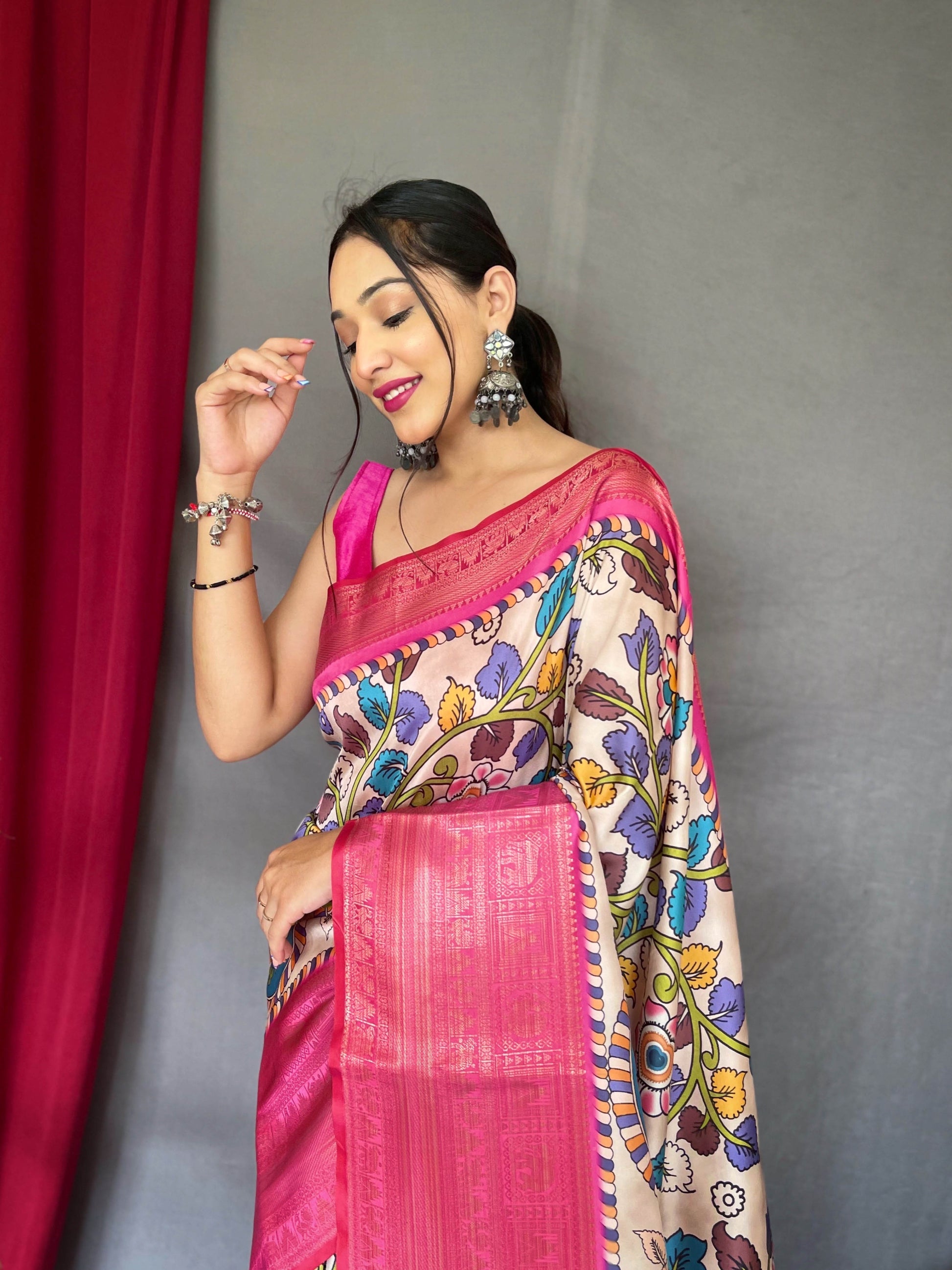 MySilkLove Brink Pink Kalamkari Gala Printed Saree