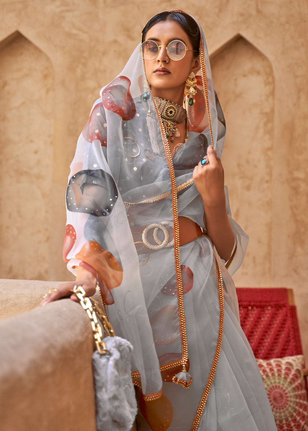 Buy MySilkLove Nobel Grey Digital Print Organza Saree Online