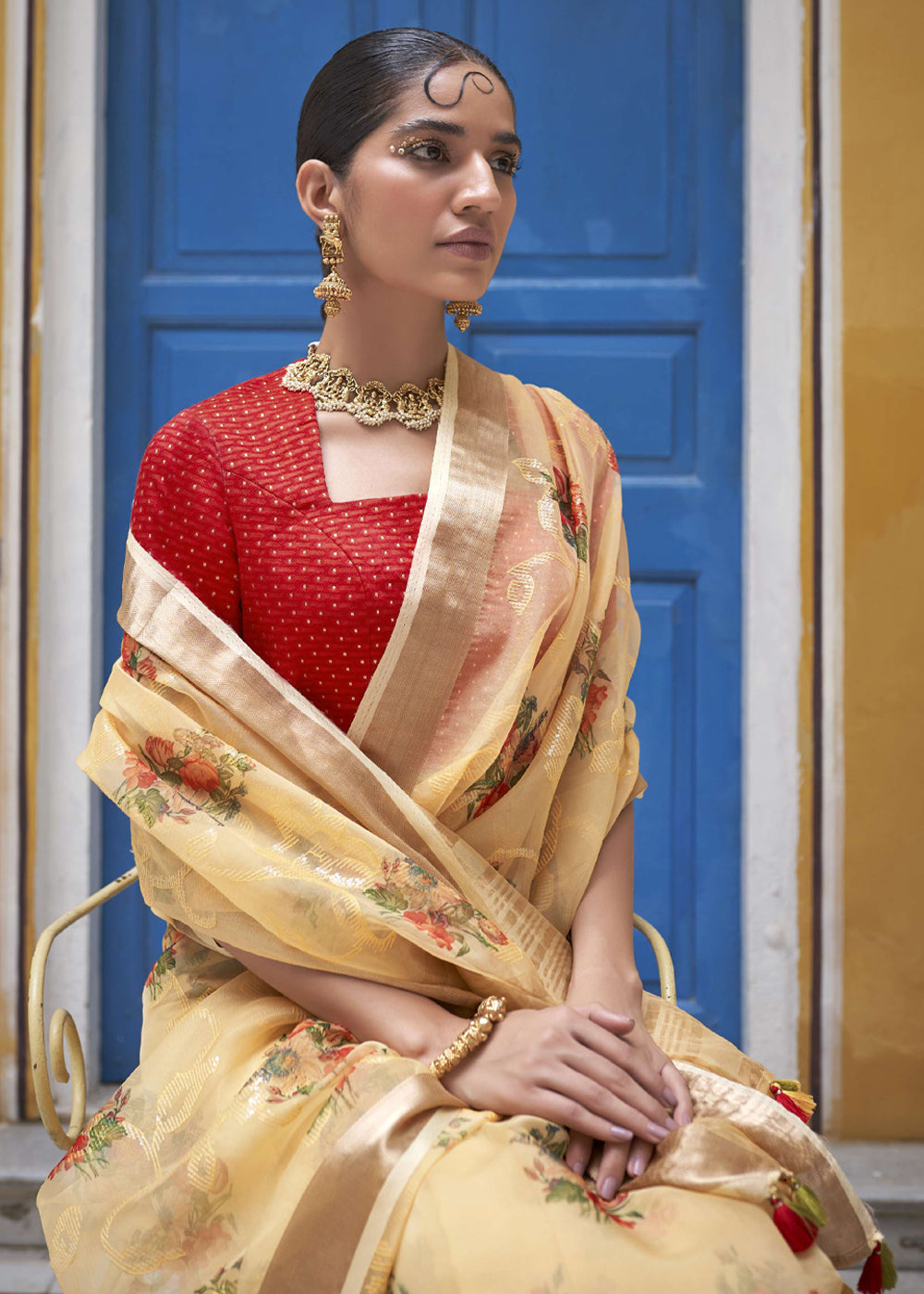 Buy MySilkLove New Orleans Cream Digital Print Organza Silk Saree Online