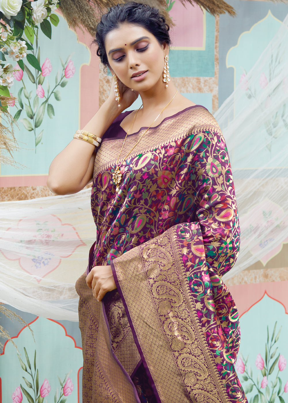 Buy MySilkLove Copper Rose Purple Woven Banarasi Saree with Kashmiri Print Online