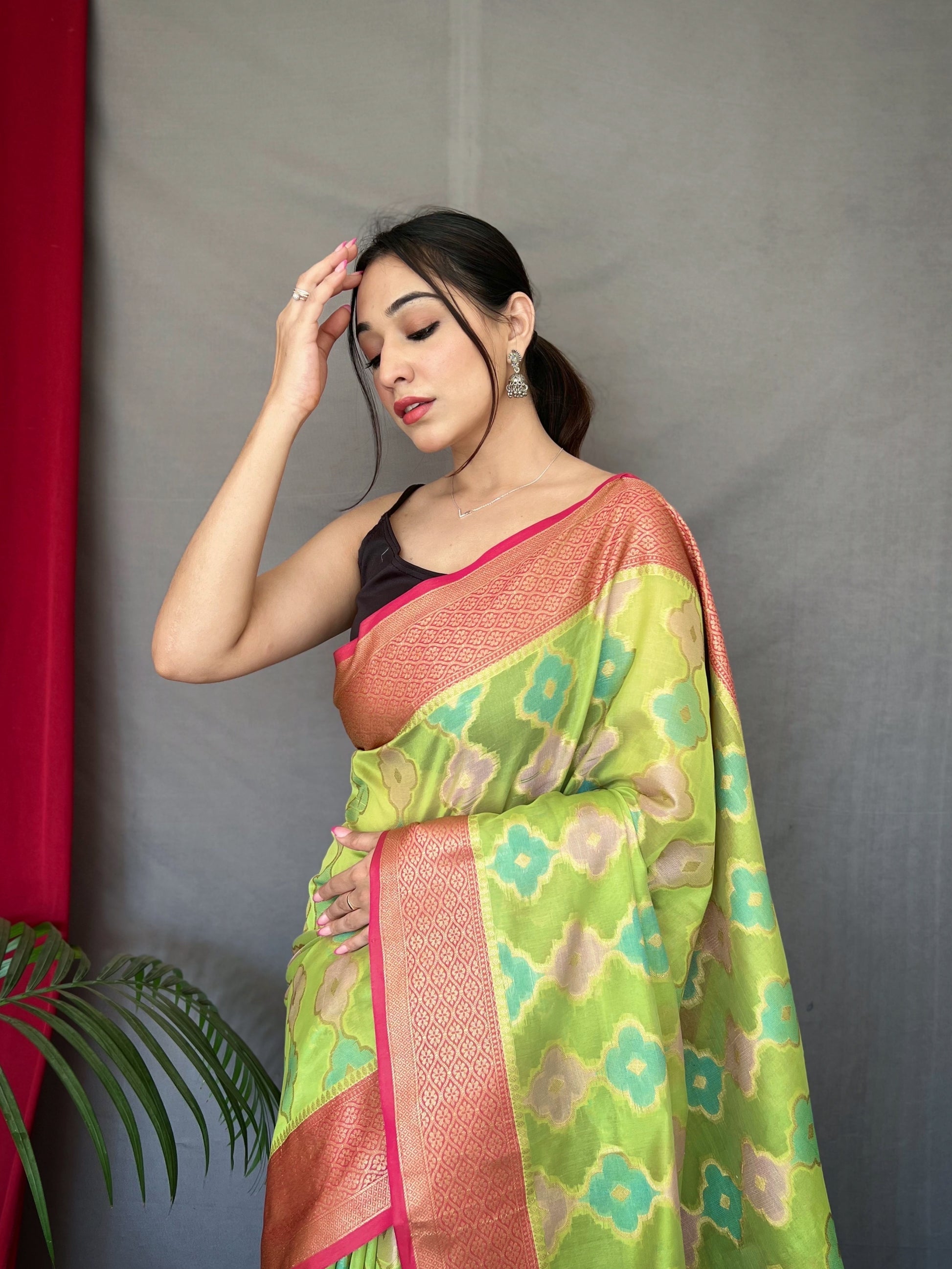 Buy MySilkLove Gimblet Green Woven Organza Silk Saree Online