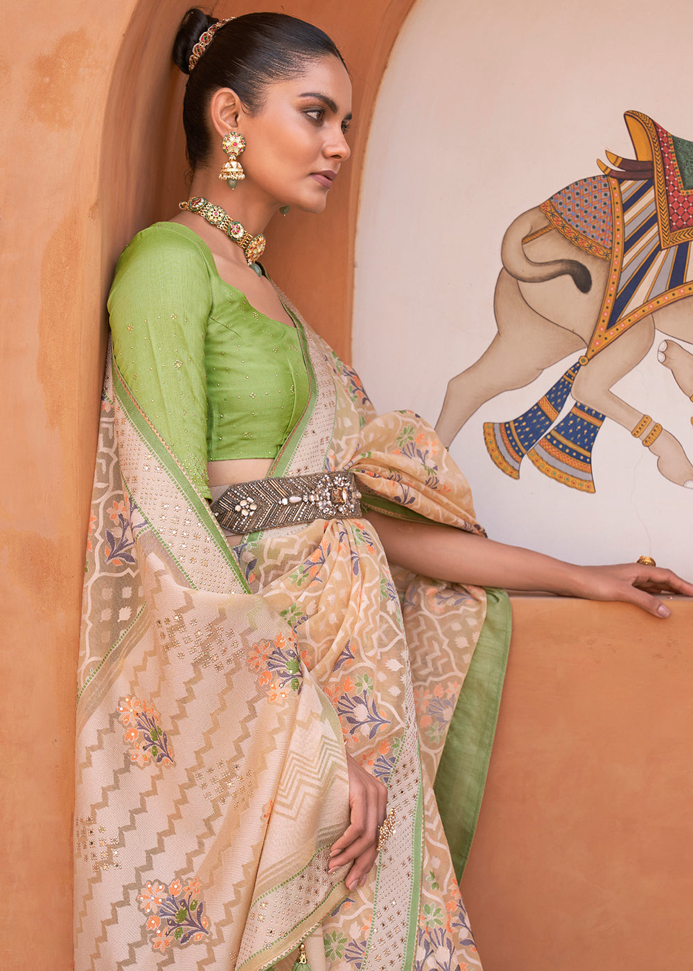 Buy MySilkLove Green and Brown Patola Printed Tissue Silk Saree Online