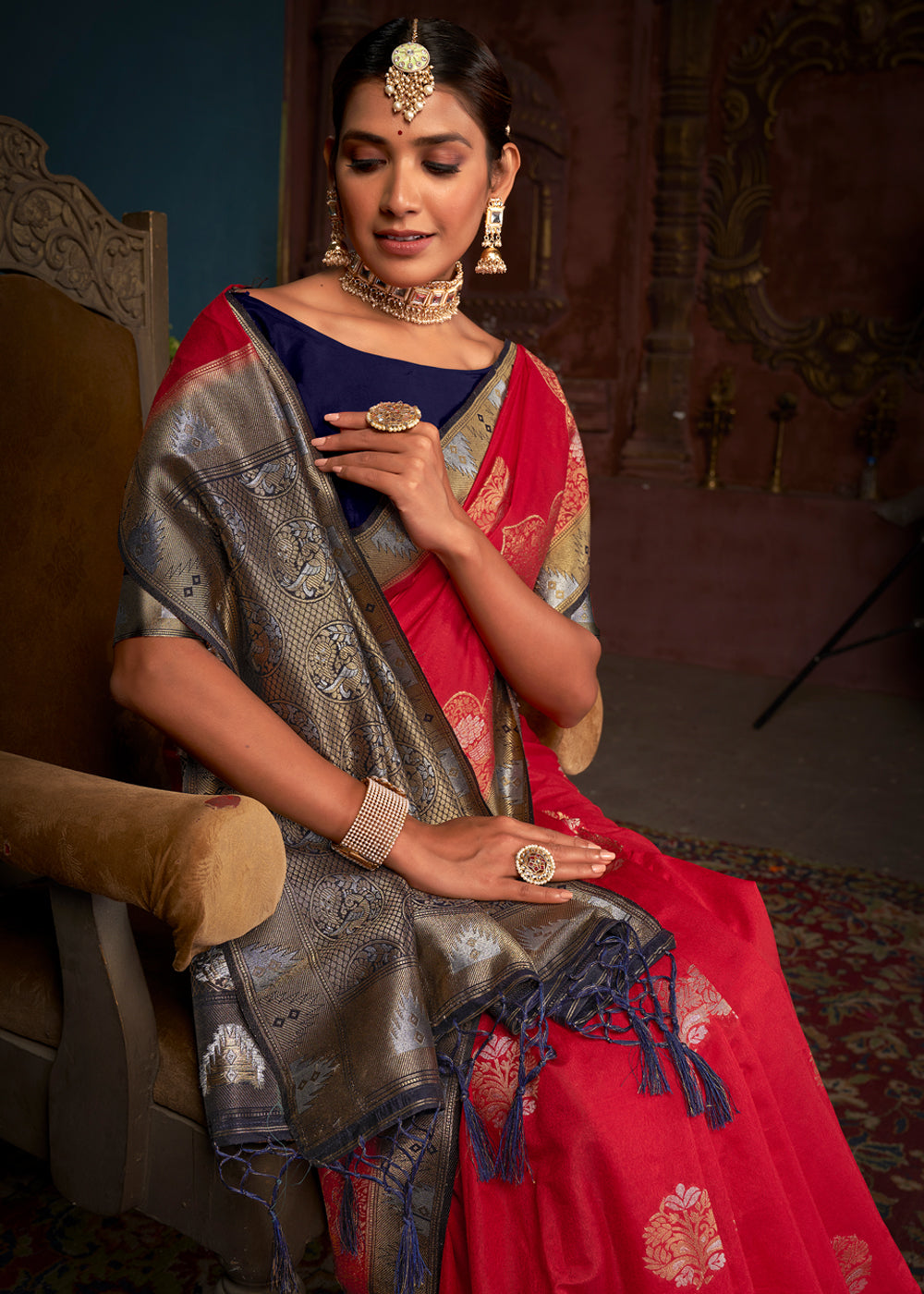 Buy MySilkLove Persimmon Red and Blue Woven Banarasi Silk Saree Online