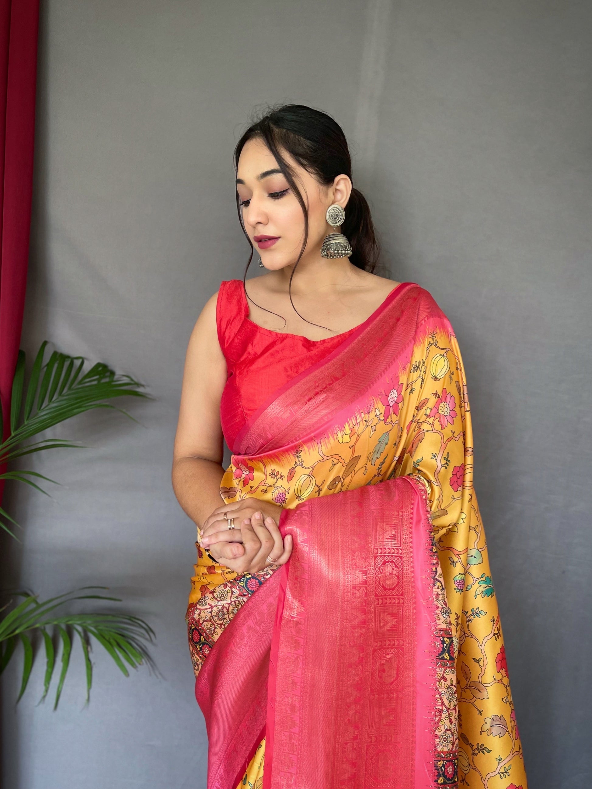 Buy MySilkLove Salomie Yellow and Pink Kalamkari Saree Online