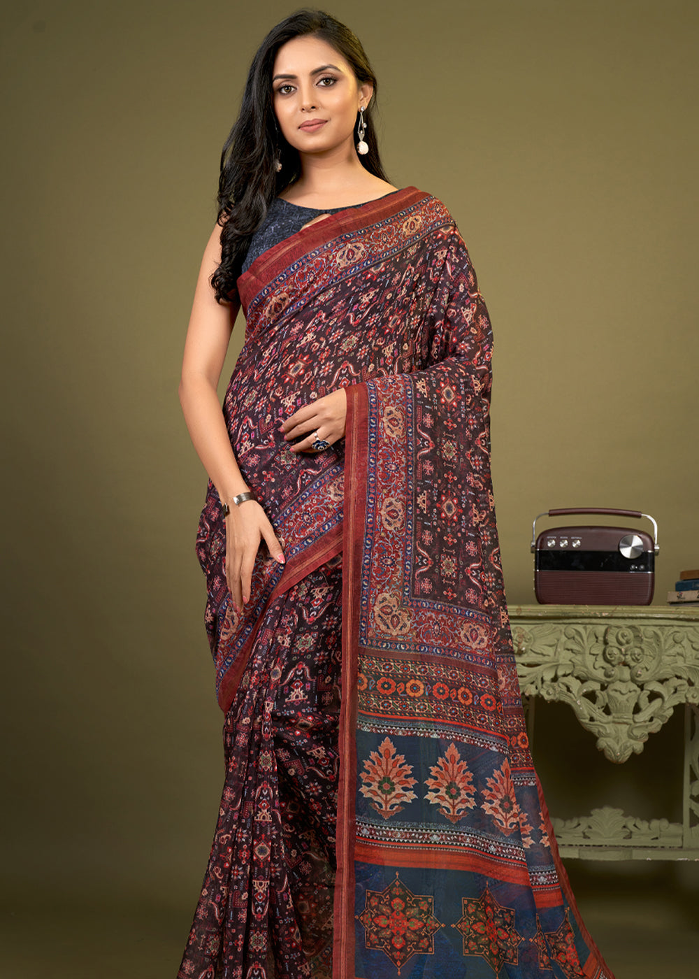 Buy MySilkLove Outer Blue and brown Cotton Patola Printed Silk Saree Online