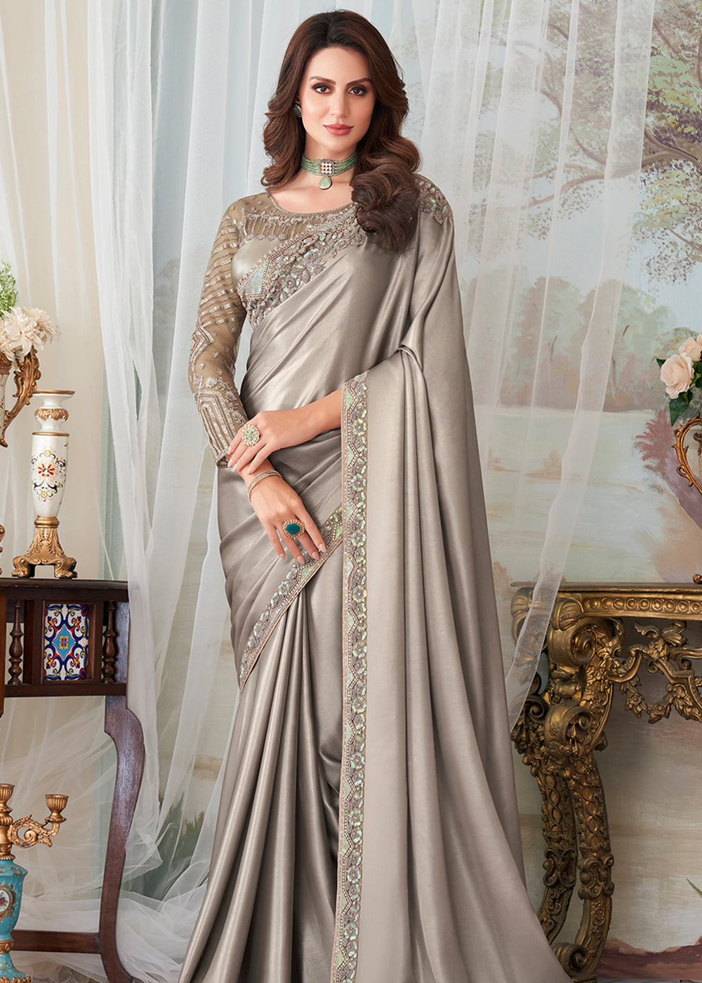 Buy MySilkLove Silver Grey Designer Embroidered Satin Silk Saree Online