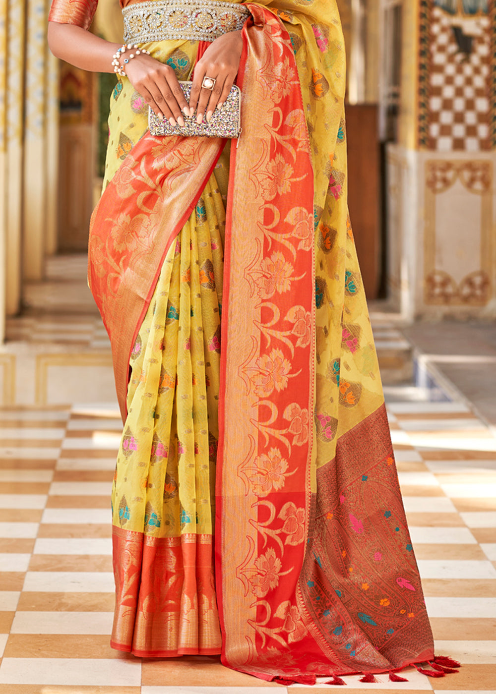Buy MySilkLove Ronchi Yellow and Red Banarasi Tissue Woven Silk Saree Online