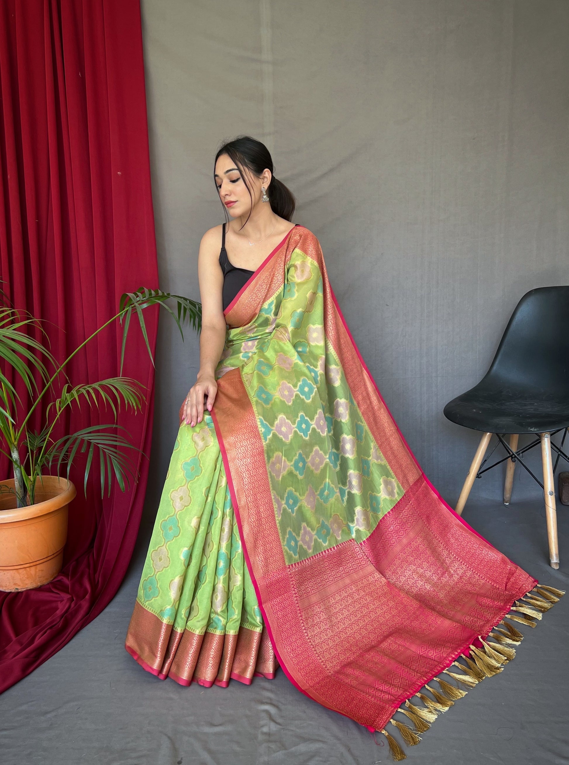 MySilkLove Gimblet Green Woven Organza Silk Saree