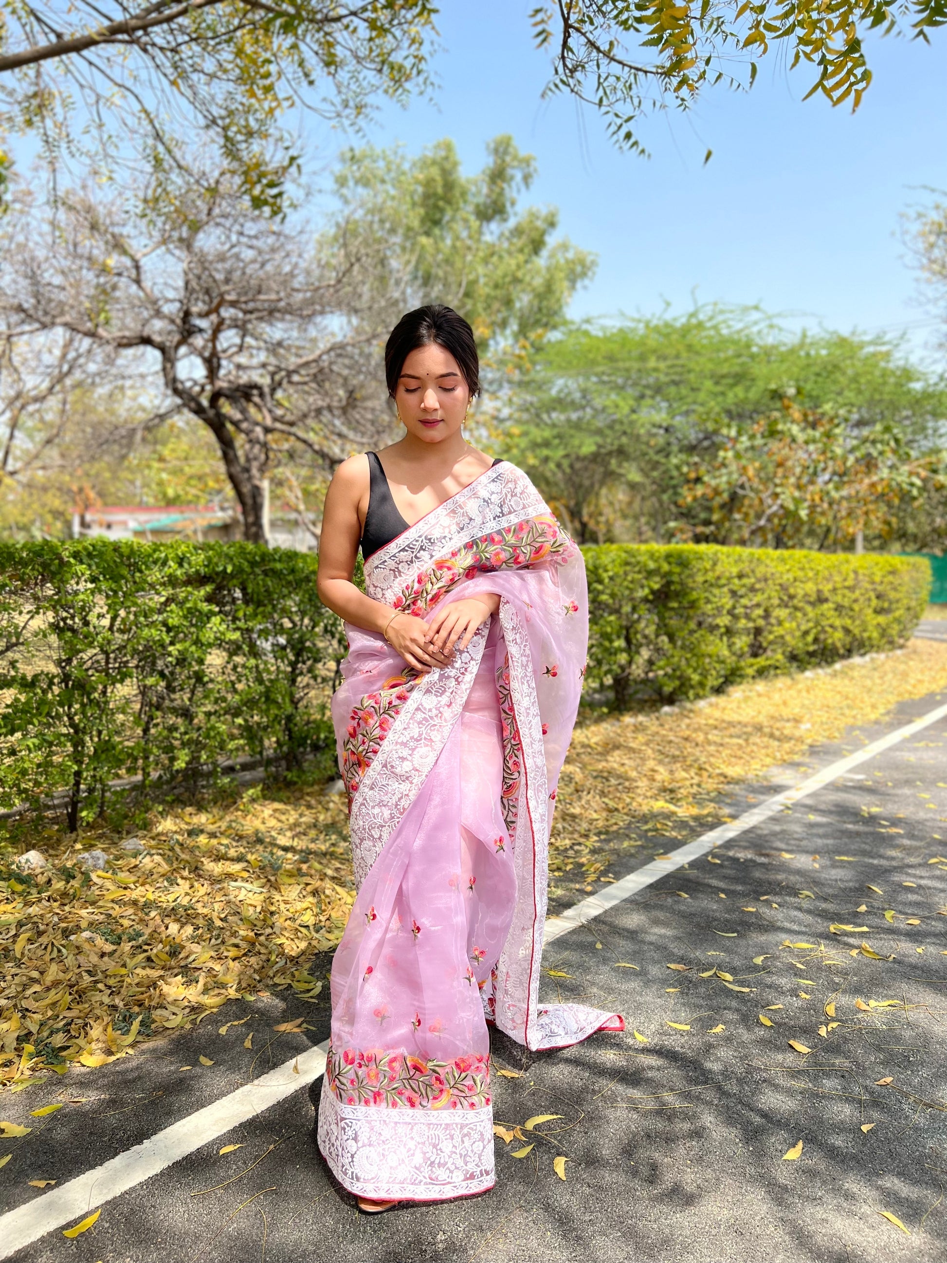 Buy MySilkLove Flare Purple Lucknowi Chikankari Organza Silk Saree Online