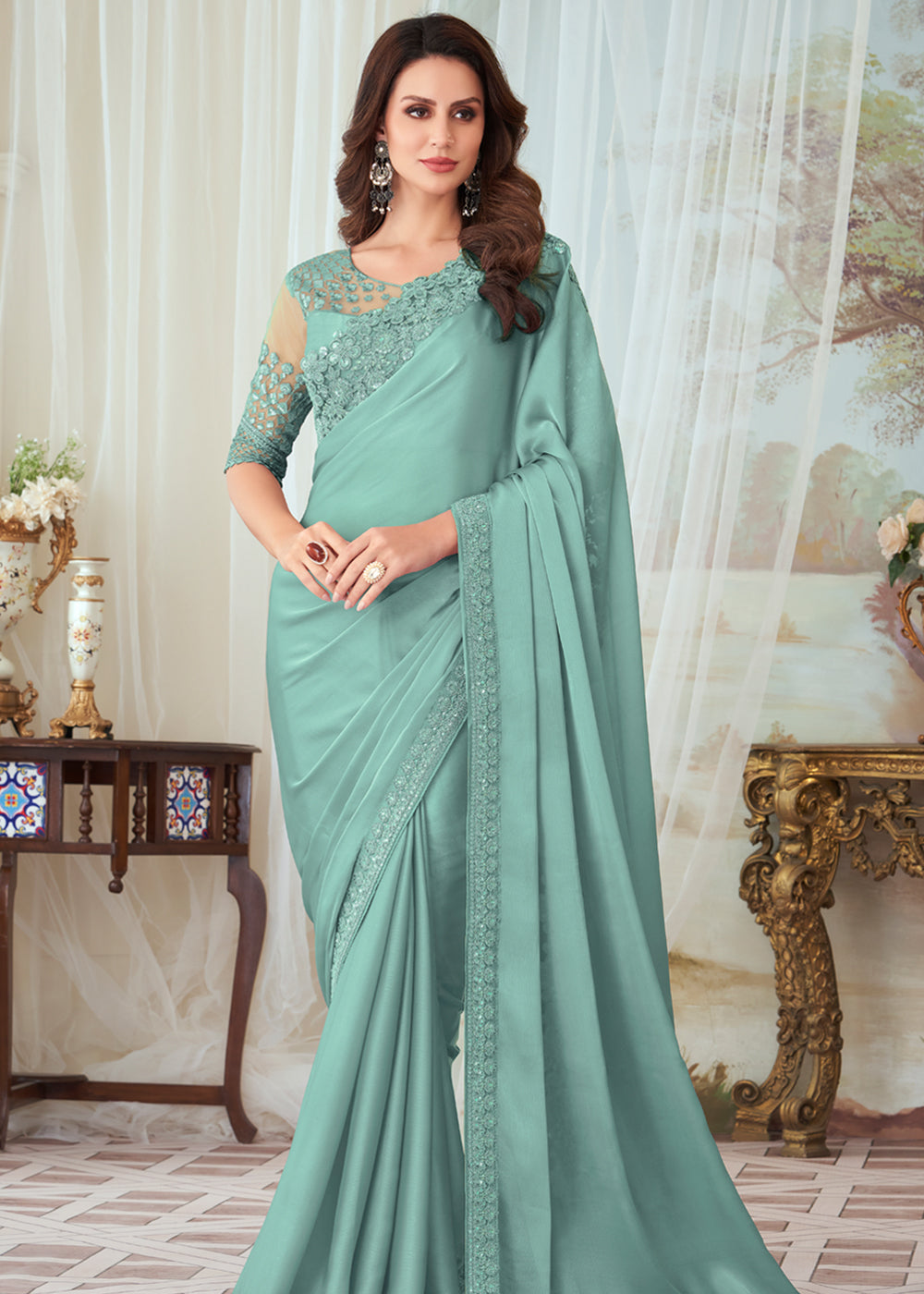 Buy MySilkLove Gulf Stream Blue Woven Satin Silk Saree Online