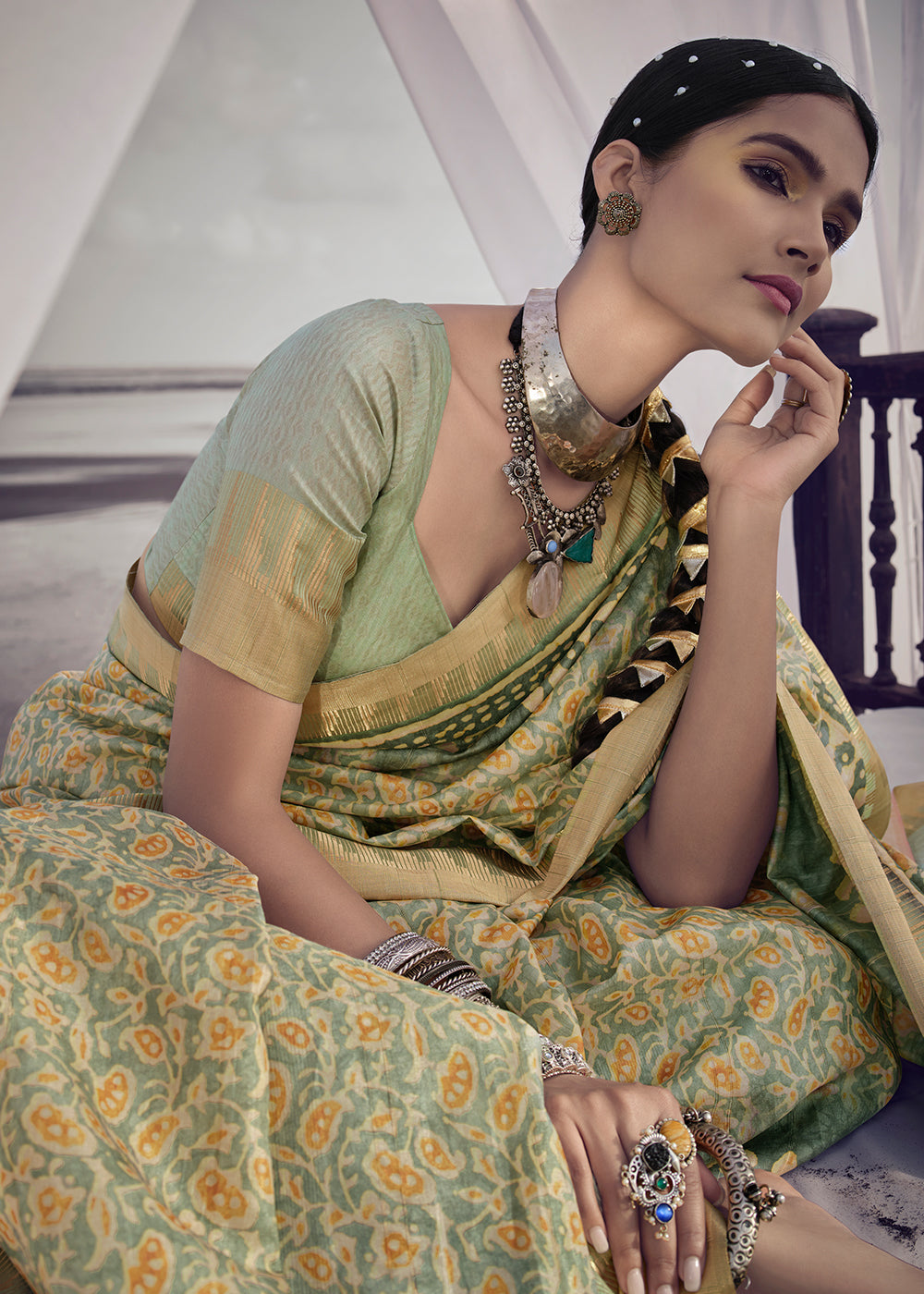 Buy MySilkLove Deco Green Printed Designer Silk Saree Online