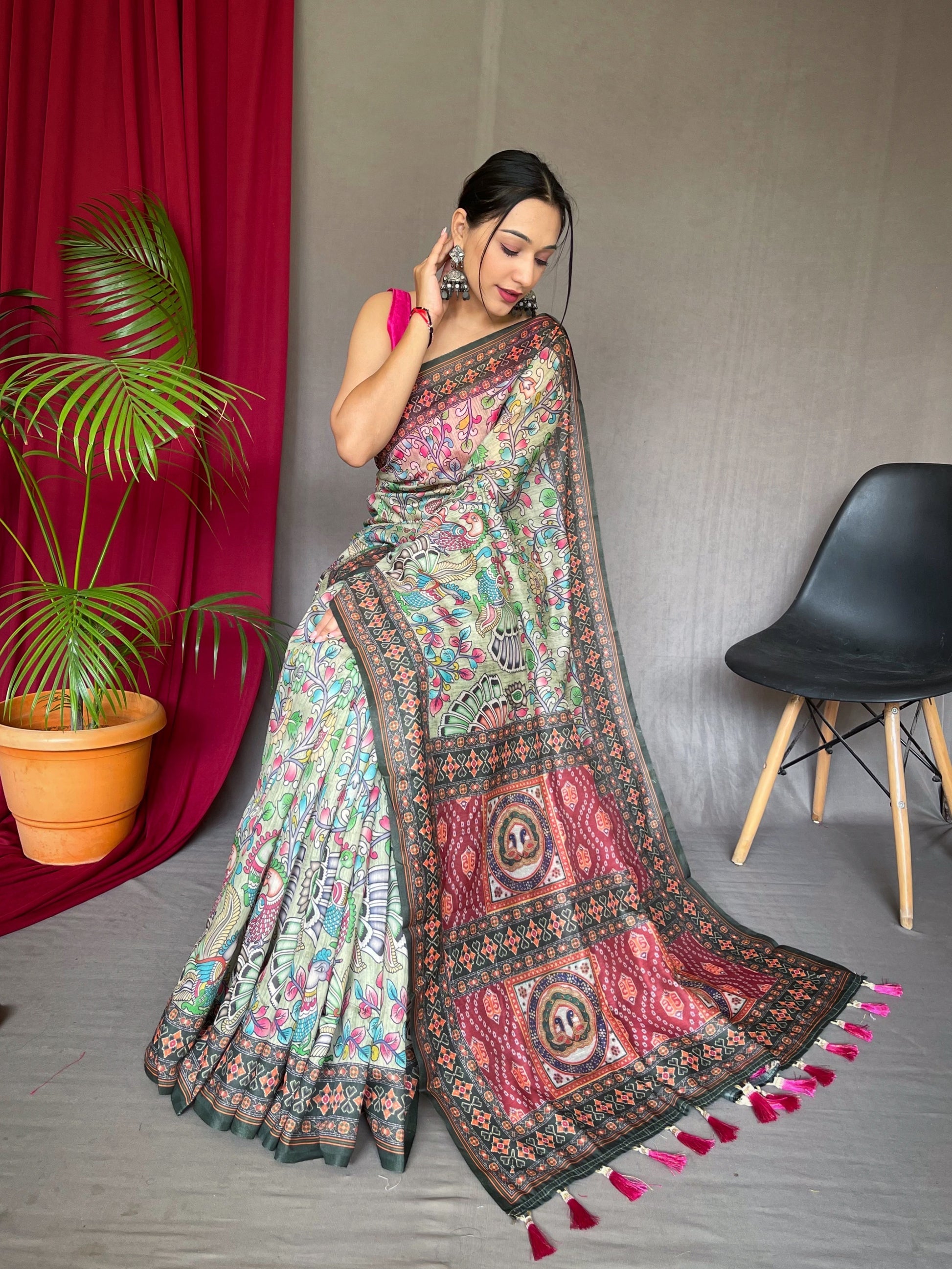 Buy MySilkLove Amulet Light Green Bandhani Kalamkari Printed Saree Online