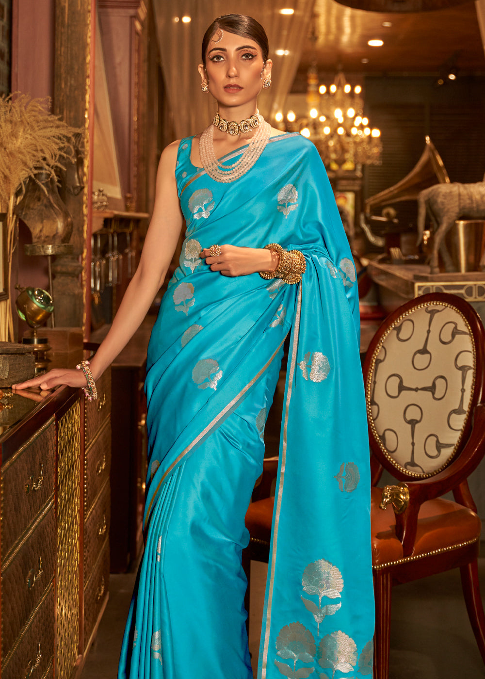 Buy MySilkLove Bondi Blue Woven Banarasi Satin Silk Saree Online