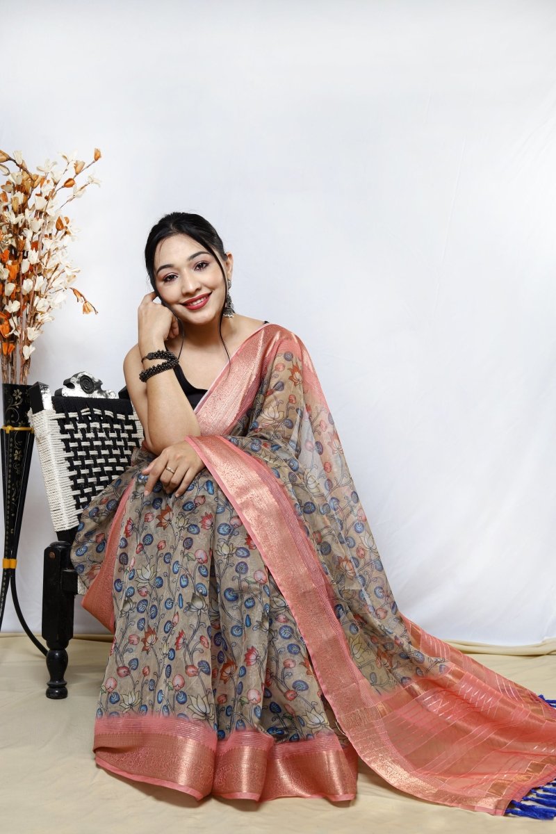 Buy MySilkLove Shadow Brown Organza Kalamkari Printed with Sequins Jacquard Woven Saree Online