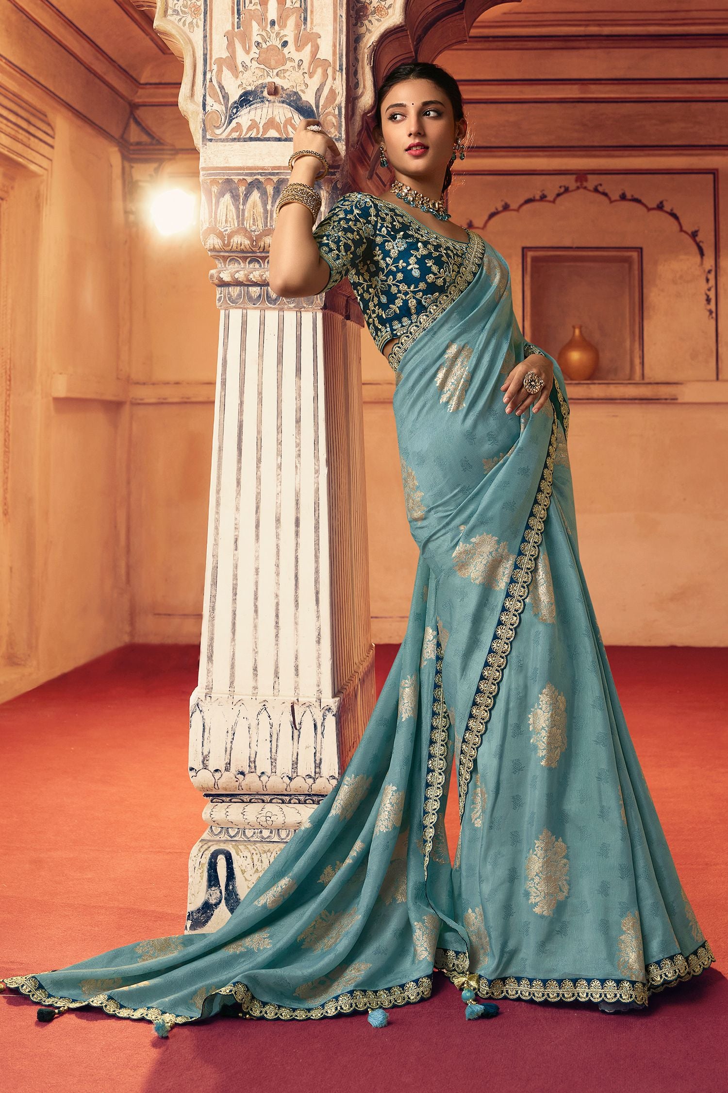 Buy MySilkLove Juniper Blue Organza Woven Silk Saree with Peacock Motifs Online