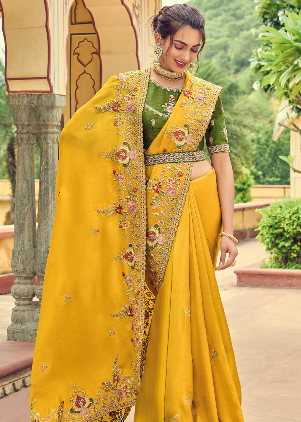 Buy MySilkLove Bright Sun Yellow Designer Embroidered Satin Silk Saree Online