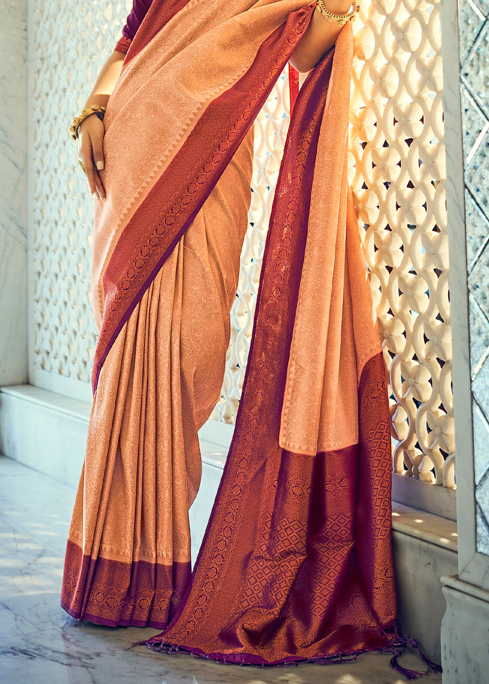 Buy MySilkLove Tan Peach Woven Kanjivaram Silk Saree Online