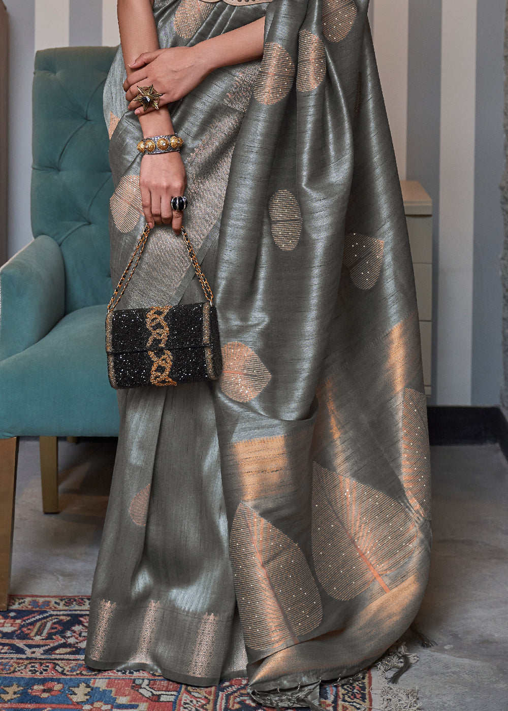 Buy MySilkLove Fuscous Gray Woven Banarasi Tussar Silk Saree Online