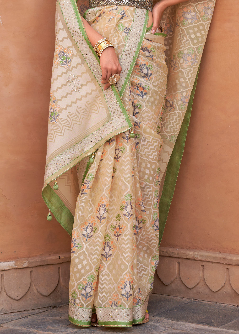 Buy MySilkLove Green and Brown Patola Printed Tissue Silk Saree Online