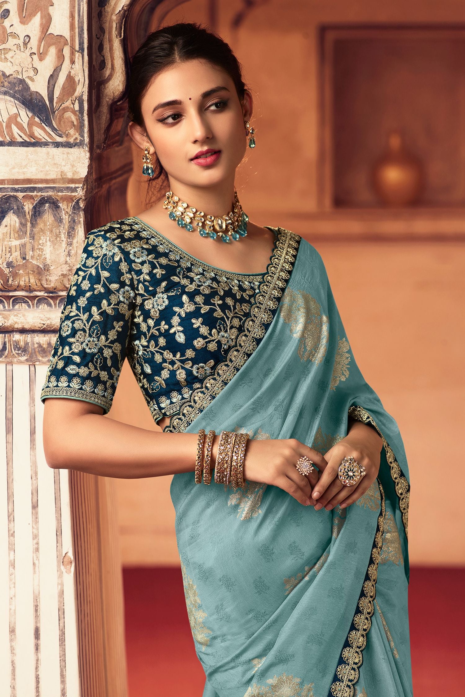 Buy MySilkLove Juniper Blue Organza Woven Silk Saree with Peacock Motifs Online