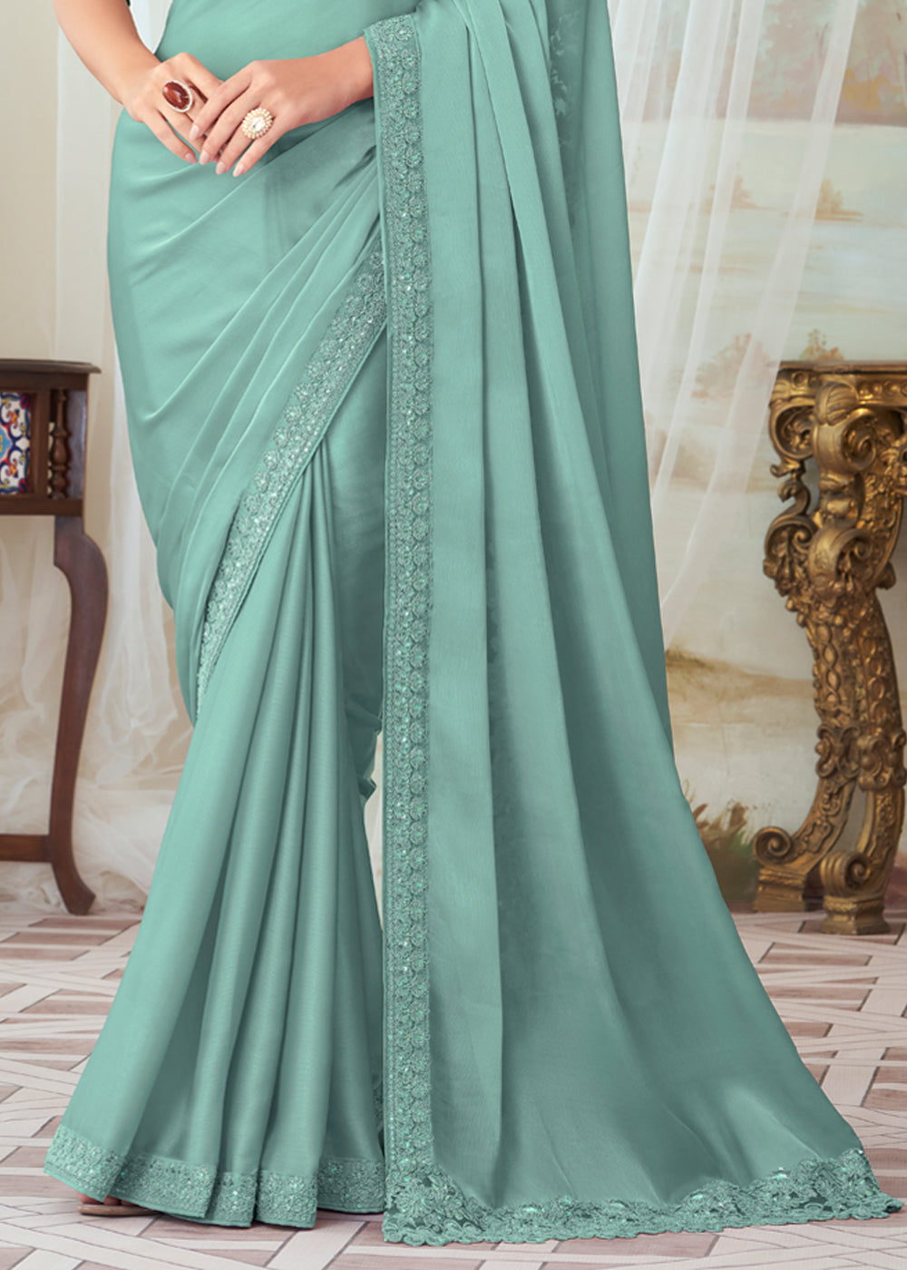 Buy MySilkLove Gulf Stream Blue Woven Satin Silk Saree Online