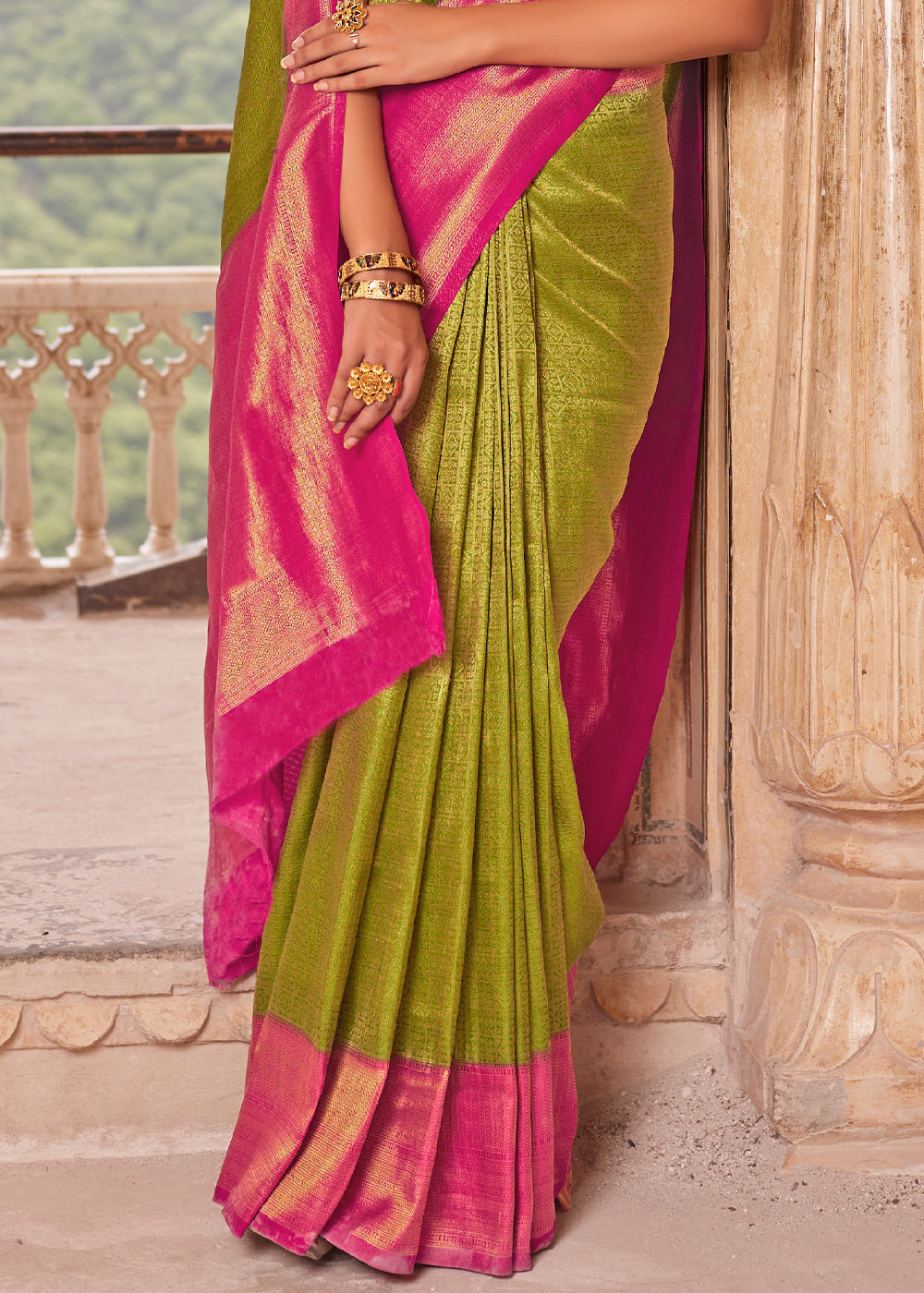 Buy MySilkLove Alpine Green and Pink Woven Kanjivram Silk Saree Online