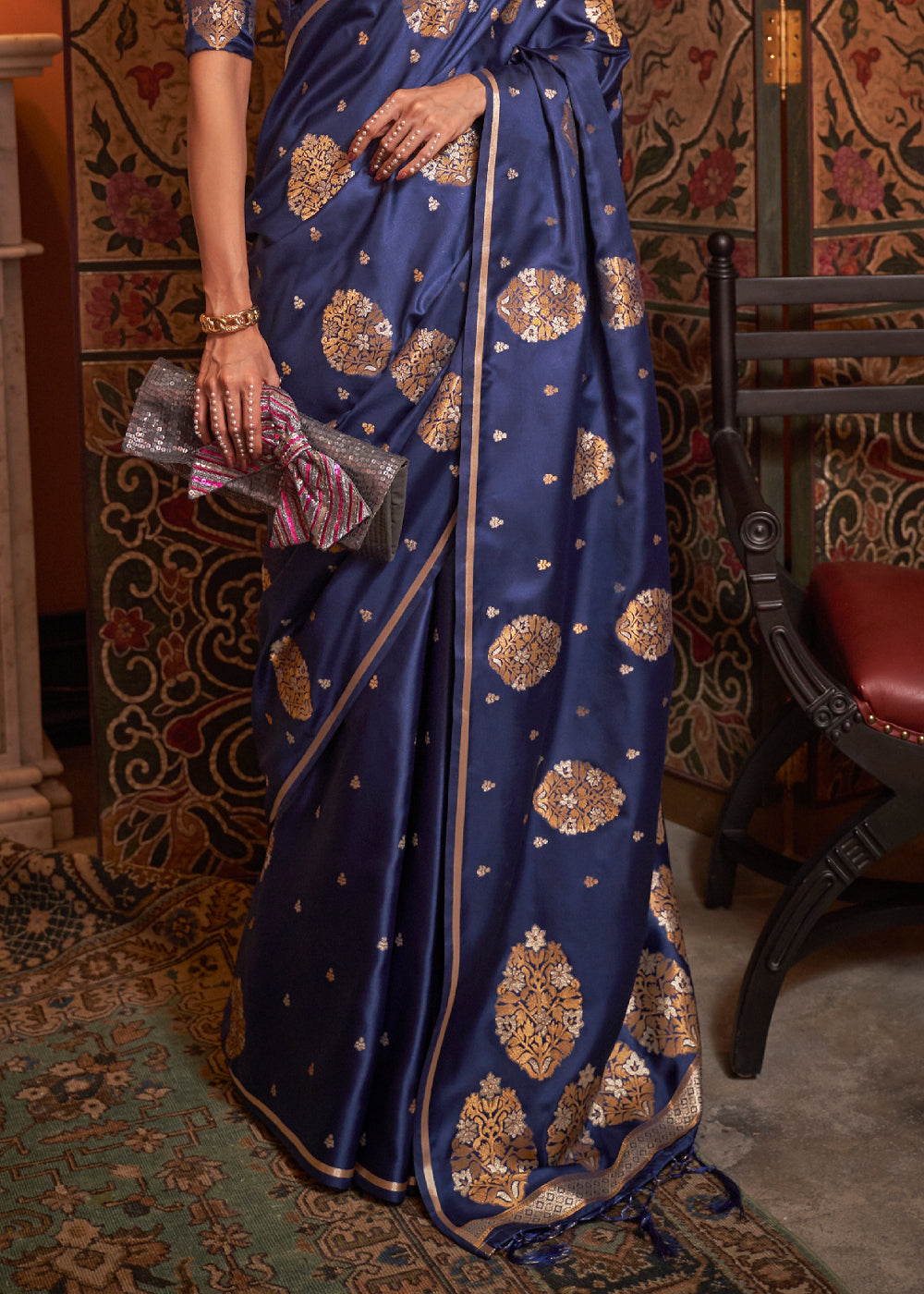 Buy MySilkLove Amethyst Blue Woven Satin Silk Saree Online