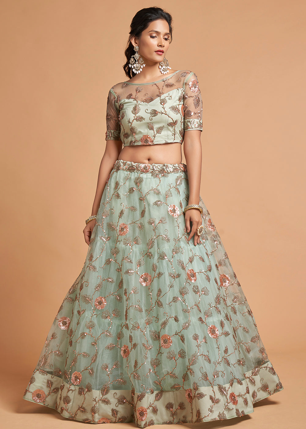 Buy MySilkLove Edgewater Blue Designer Soft Net Lehenga Choli Online