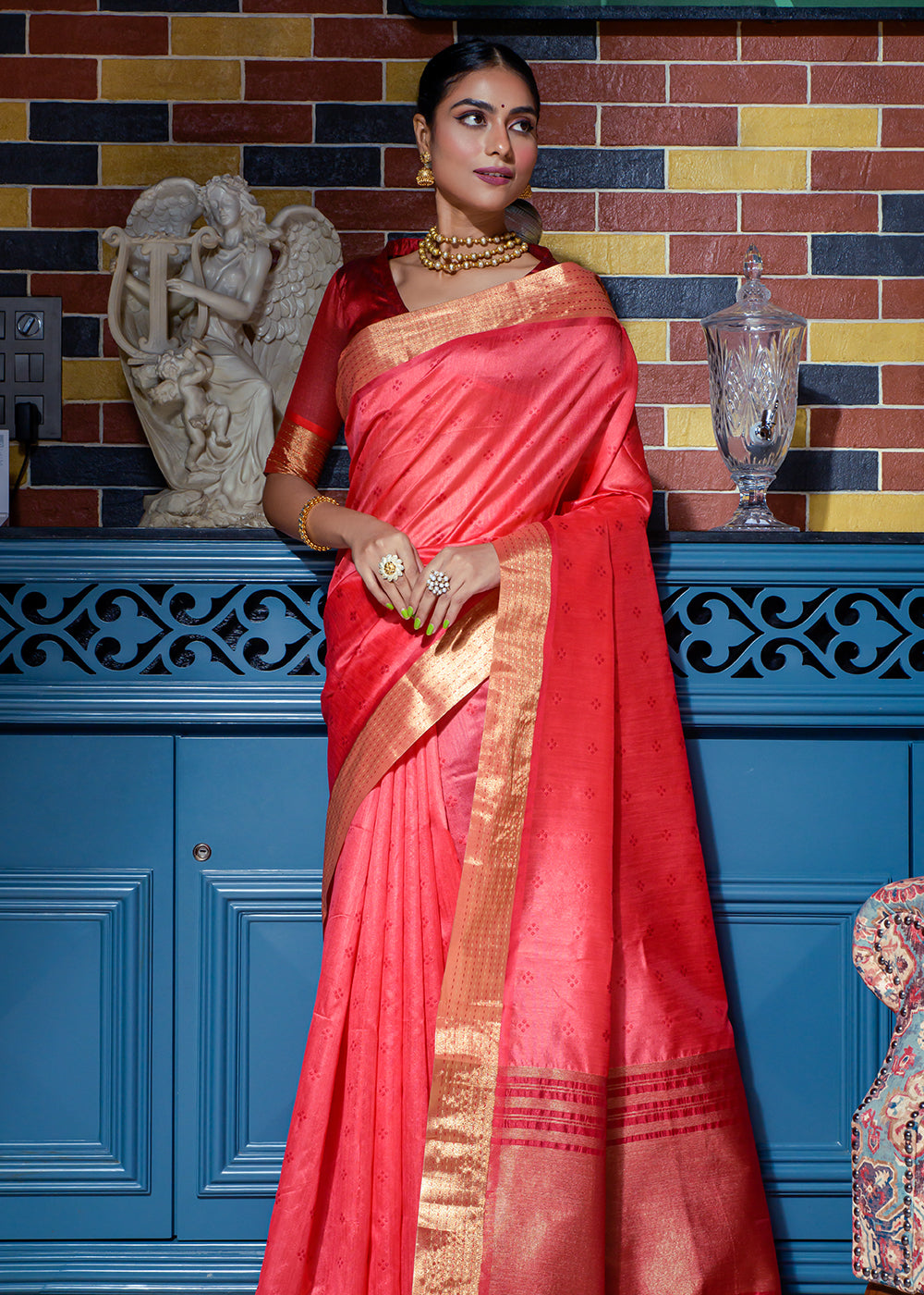 Buy MySilkLove Salmon Pearl Pink Woven Raw Silk Saree Online