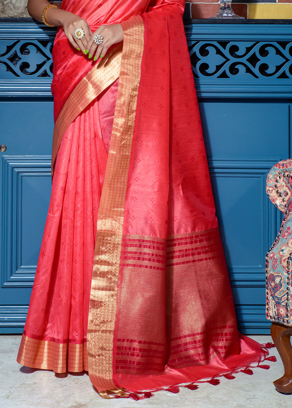 Buy MySilkLove Salmon Pearl Pink Woven Raw Silk Saree Online