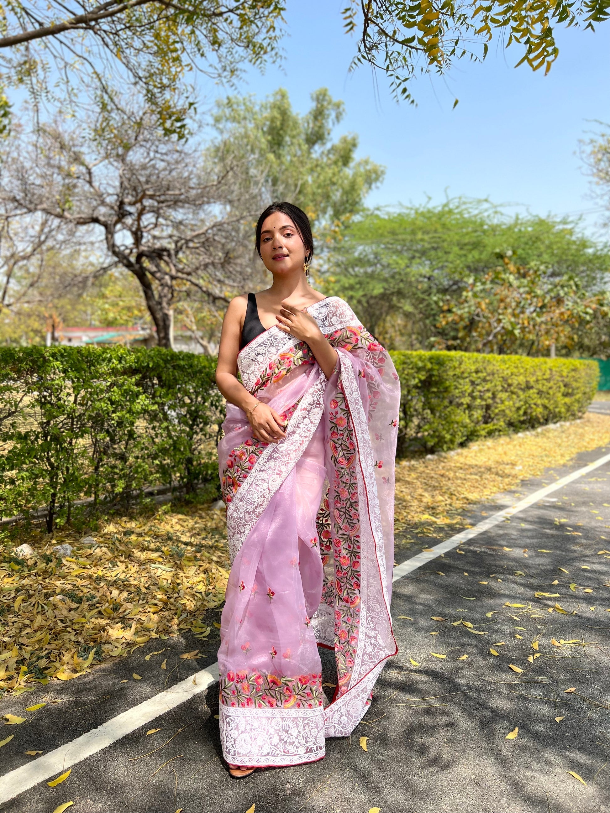 Buy MySilkLove Flare Purple Lucknowi Chikankari Organza Silk Saree Online