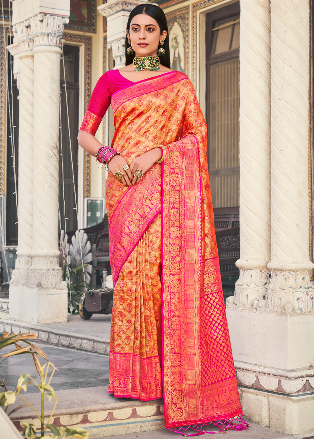Tan Orange and Pink Woven Kanjivaram Silk Saree
