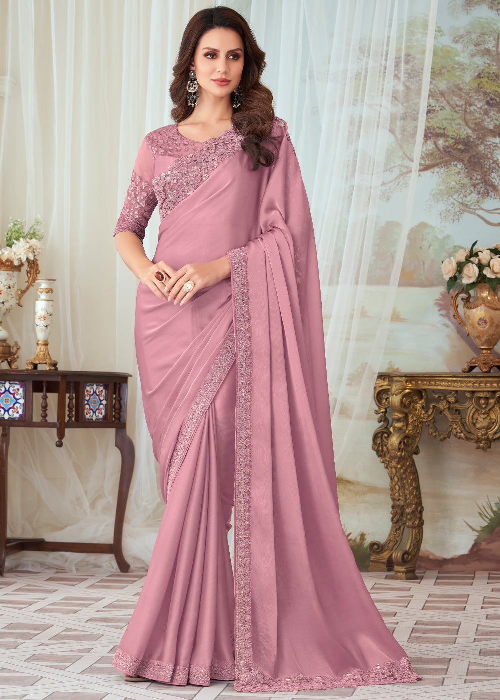 Buy MySilkLove Old Rose Pink Woven Satin Silk Saree Online