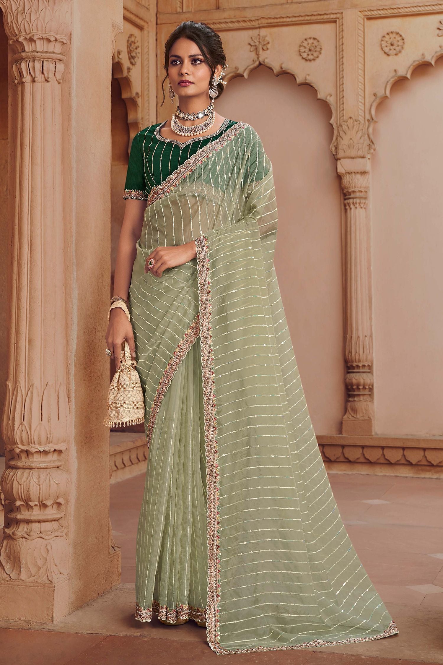 Buy MySilkLove Hillary Green Organza Silk with Embroidered Designer Saree Online