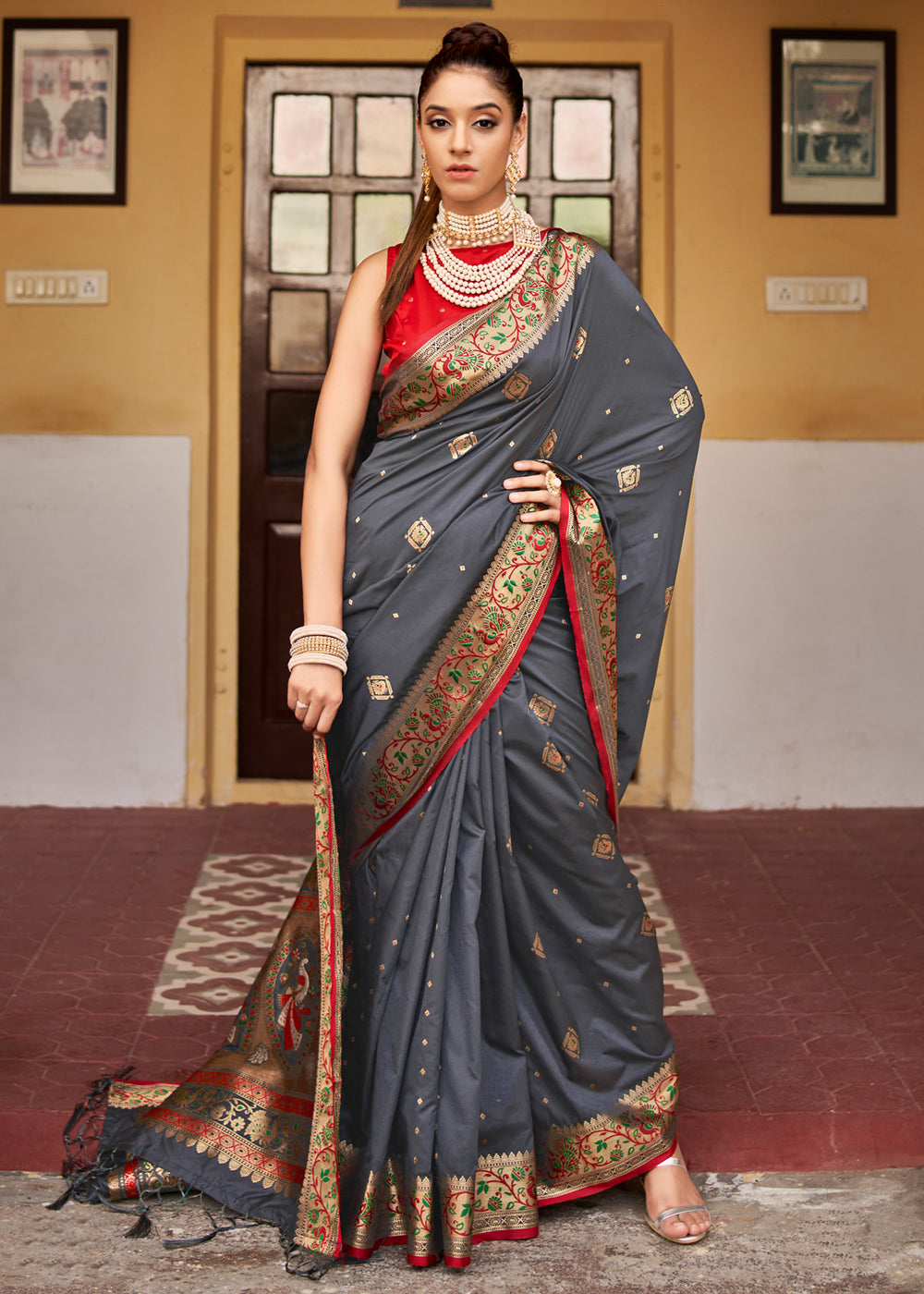 Buy MySilkLove Abbey Grey Banarasi Woven Soft Silk Saree Online