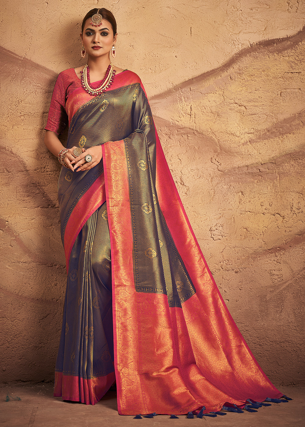 Buy MySilkLove Ship Gray and Red Zari Woven Kanjivaram Silk Saree Online