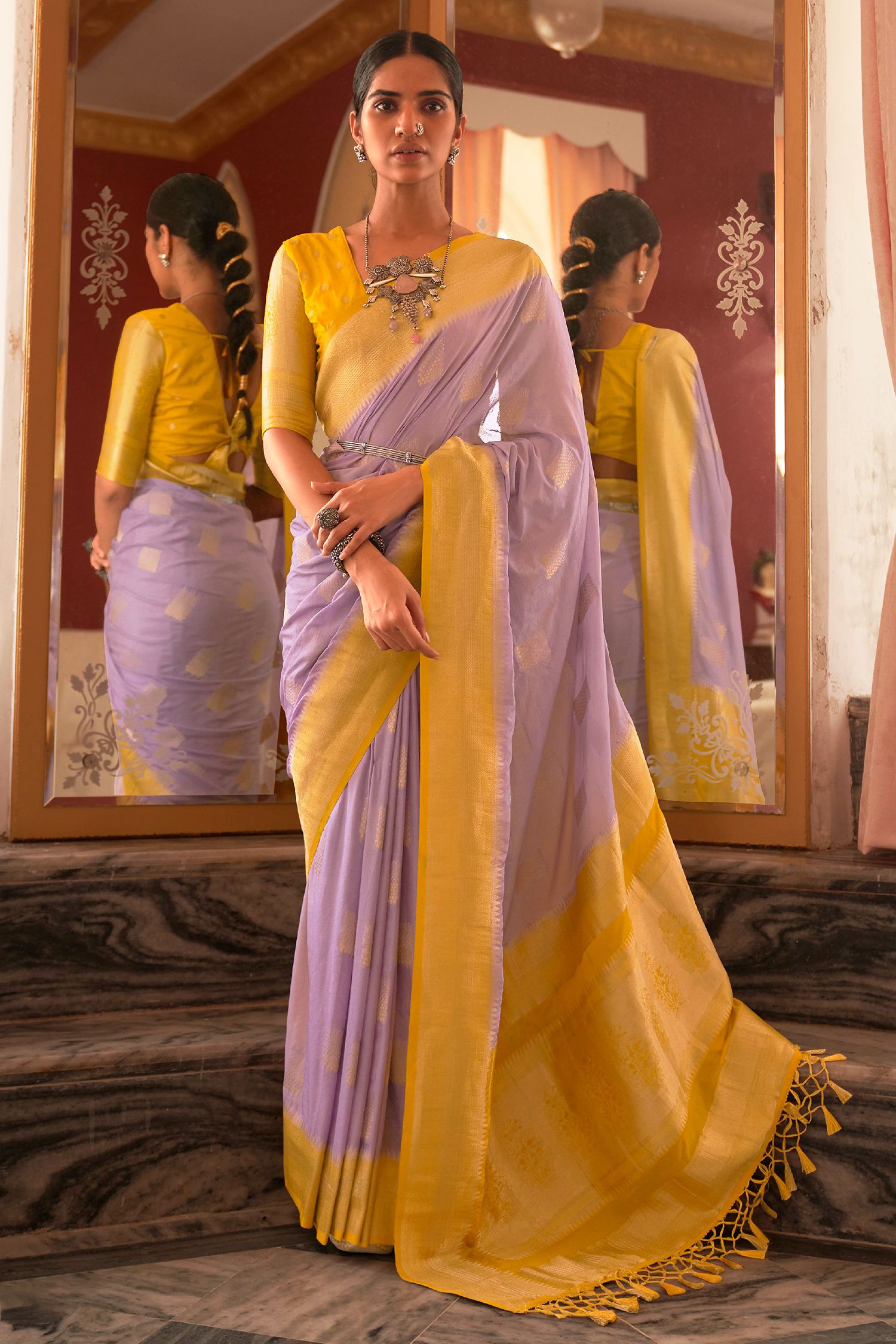 Buy MySilkLove Brandy Rose Purple and Yellow Woven Banarasi Woven Silk Saree Online